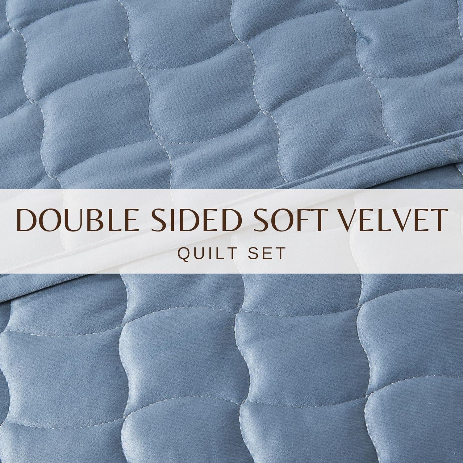 Dual-Sided Velvet Box-Stitched Heavyweight 3-Piece Full / Queen Quilt Set, Steel Blue