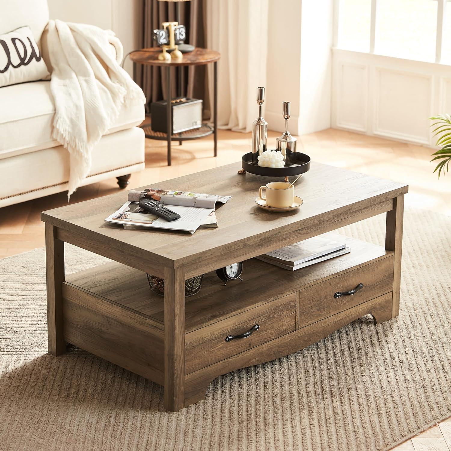 LINSY HOME Farmhouse Coffee Table with Storage, Wood Coffee Table for Living Room, Open Display Area and Storage Drawers with Metal Handles, Chic Style with Curved Base, Brown