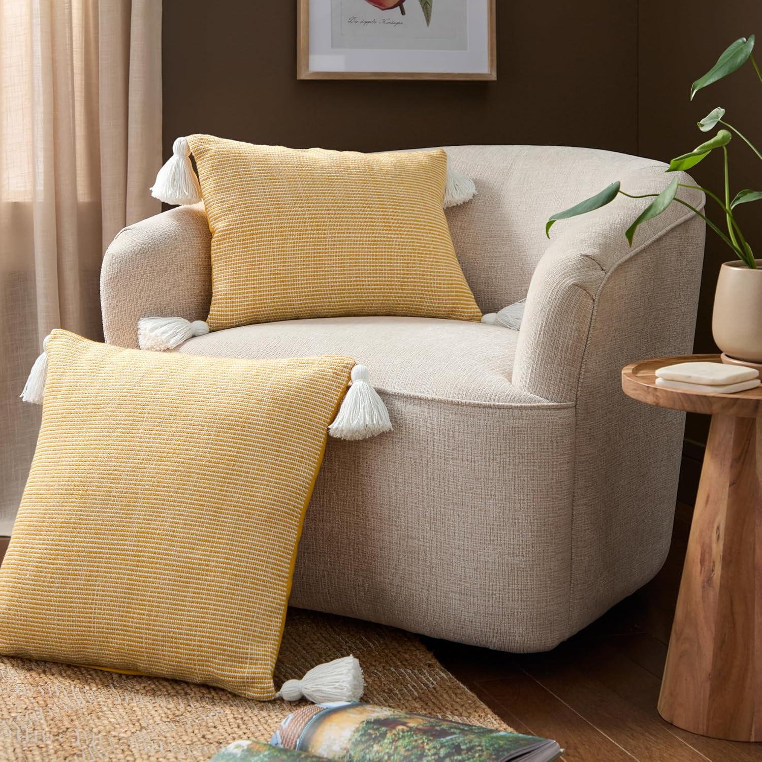 Yellow and Ivory Recycled Polyester Outdoor Pillow with Tassels