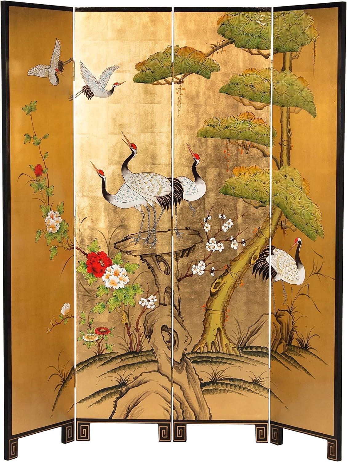 Oriental Furniture 6 ft. Tall Gold Lacquer Room Divider - Cranes