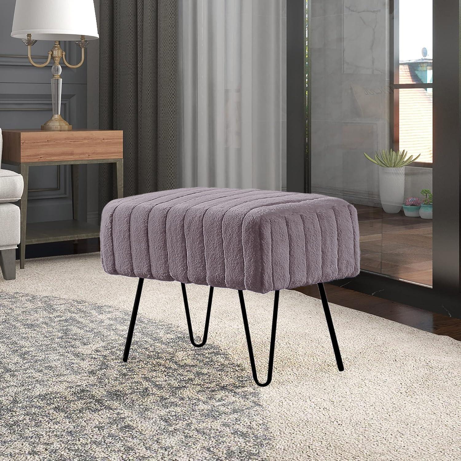 Charcoal Faux Fur Footstool with Metal Legs