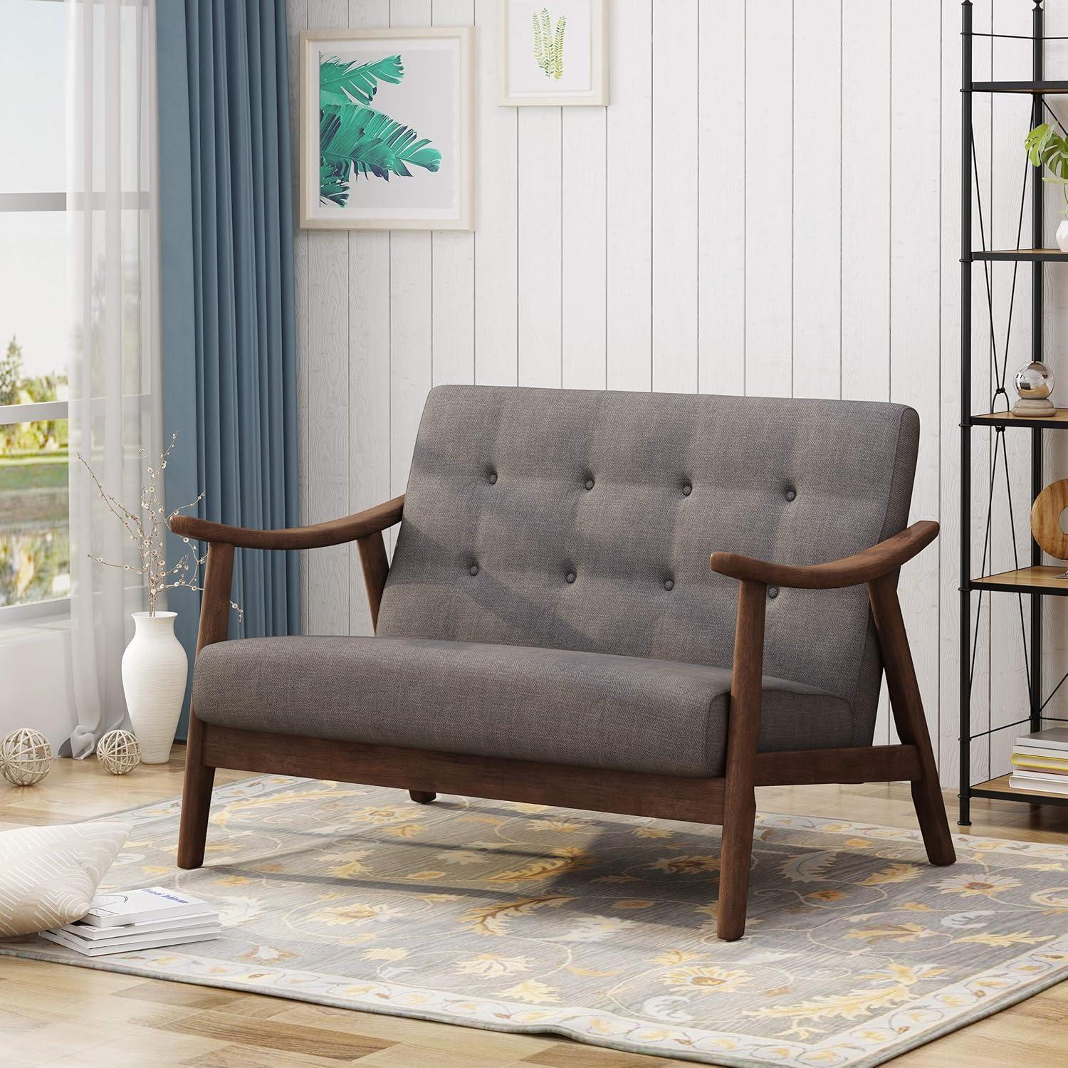 Hetel Mid-Century Modern Settee Dark Gray - Christopher Knight Home: Rubberwood Frame, Polyester Upholstery, Button Tufted