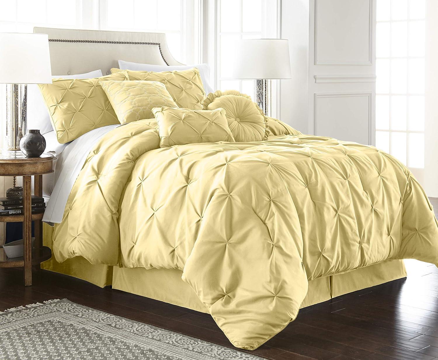 7-Piece Pinch Pleat Pintuck Bedding Comforter Set for Bedroom, Home, Dorm, Apartment, Full, Yellow