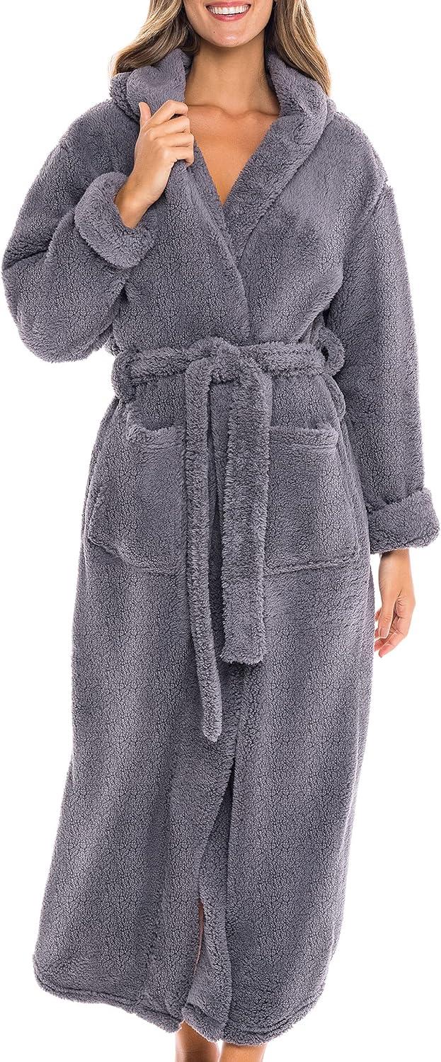 ADR Womens Fluffy Robe, Fuzzy Robe for Women, Long Hooded Robes for Women, Plus Size Robe Steel Gray XS