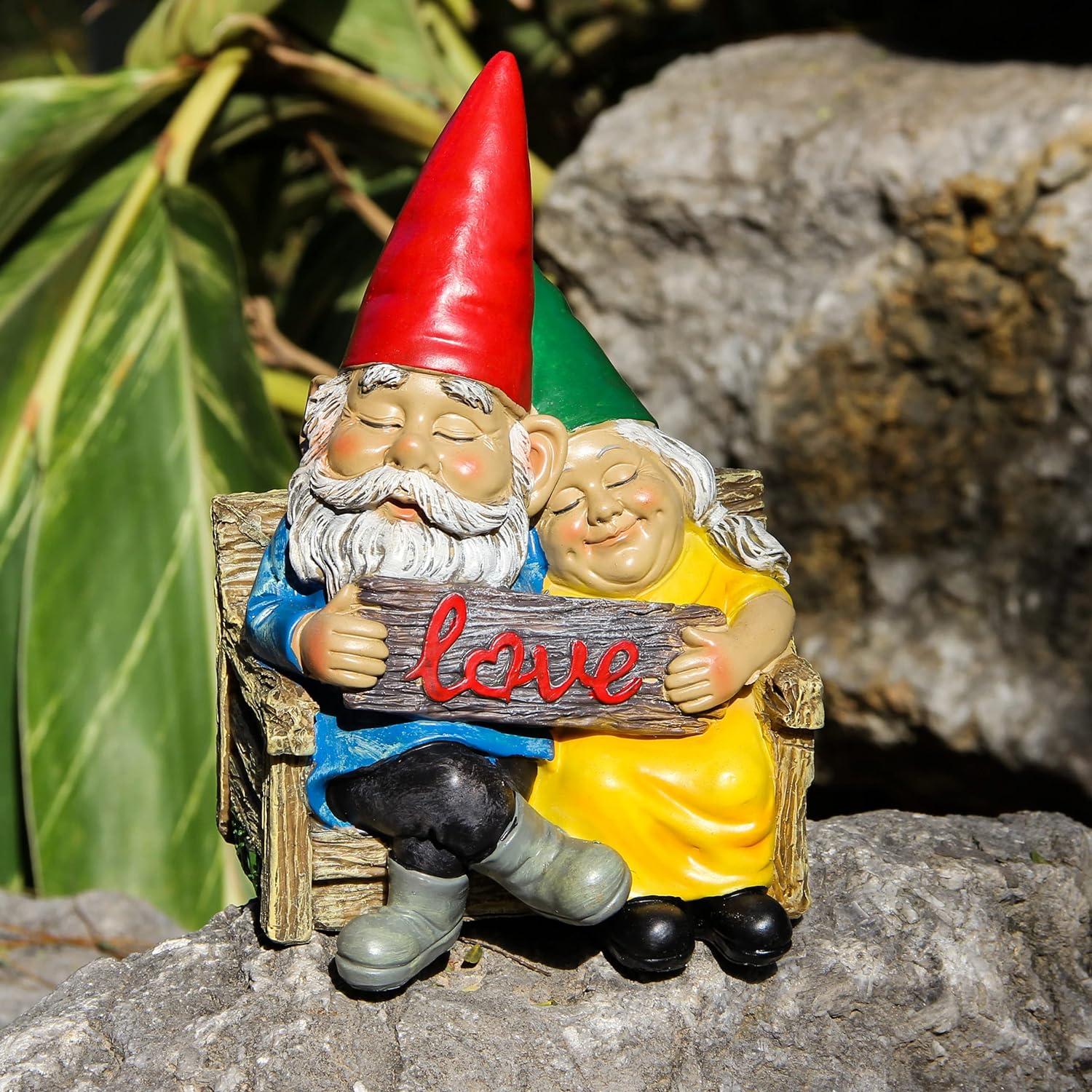 Colorful Resin Couple Gnomes on Log with Mushroom Table