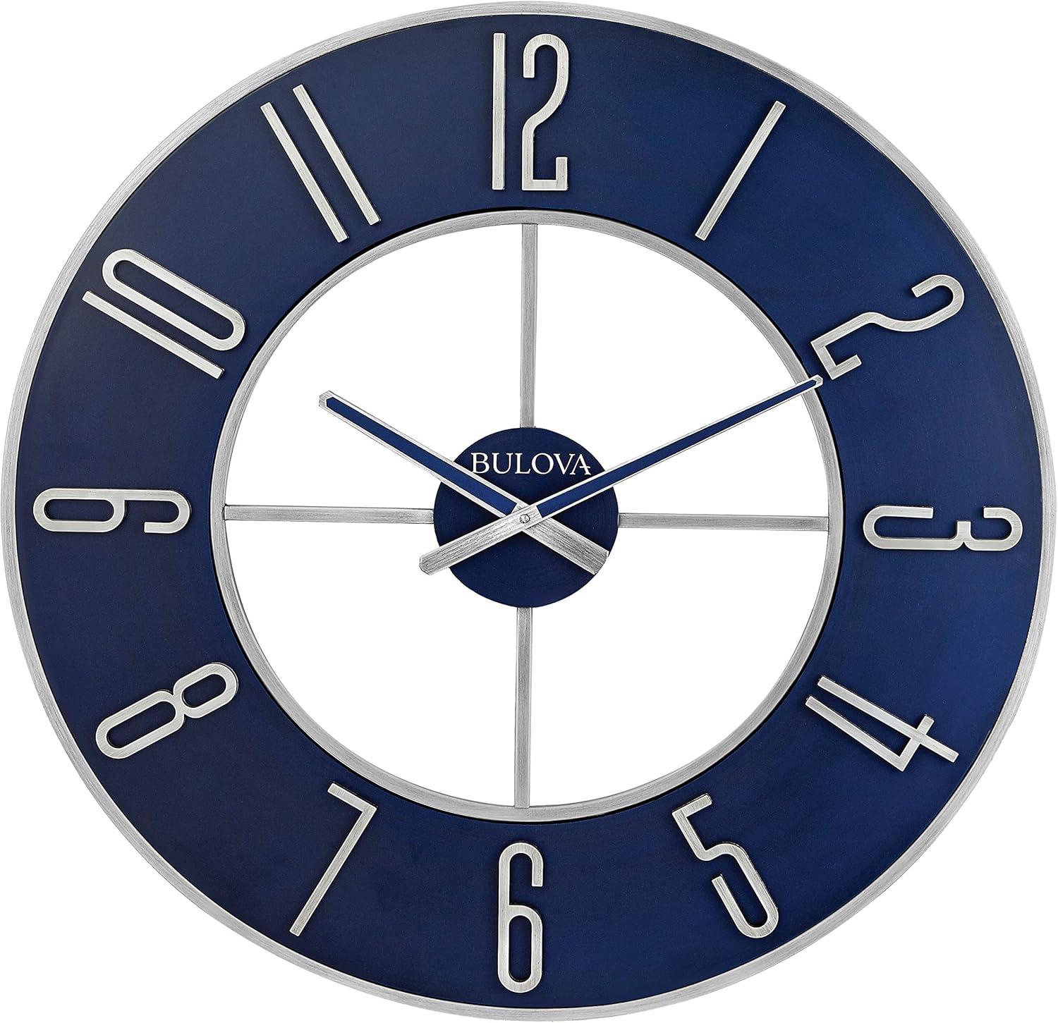 Oversized Silver and Blue Steel Wall Clock, 27"