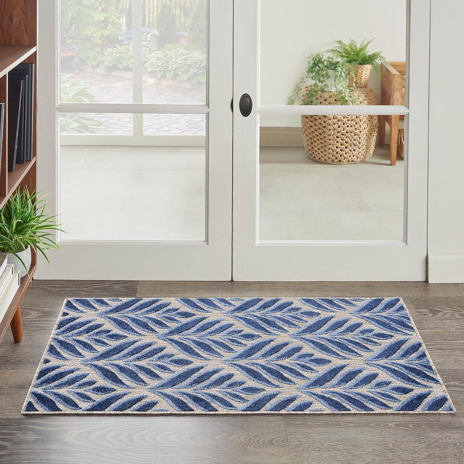 Nourison Aloha Tropical Palm Flatweave High-Low Indoor Outdoor Area Rug Blue 2'8" x 4'
