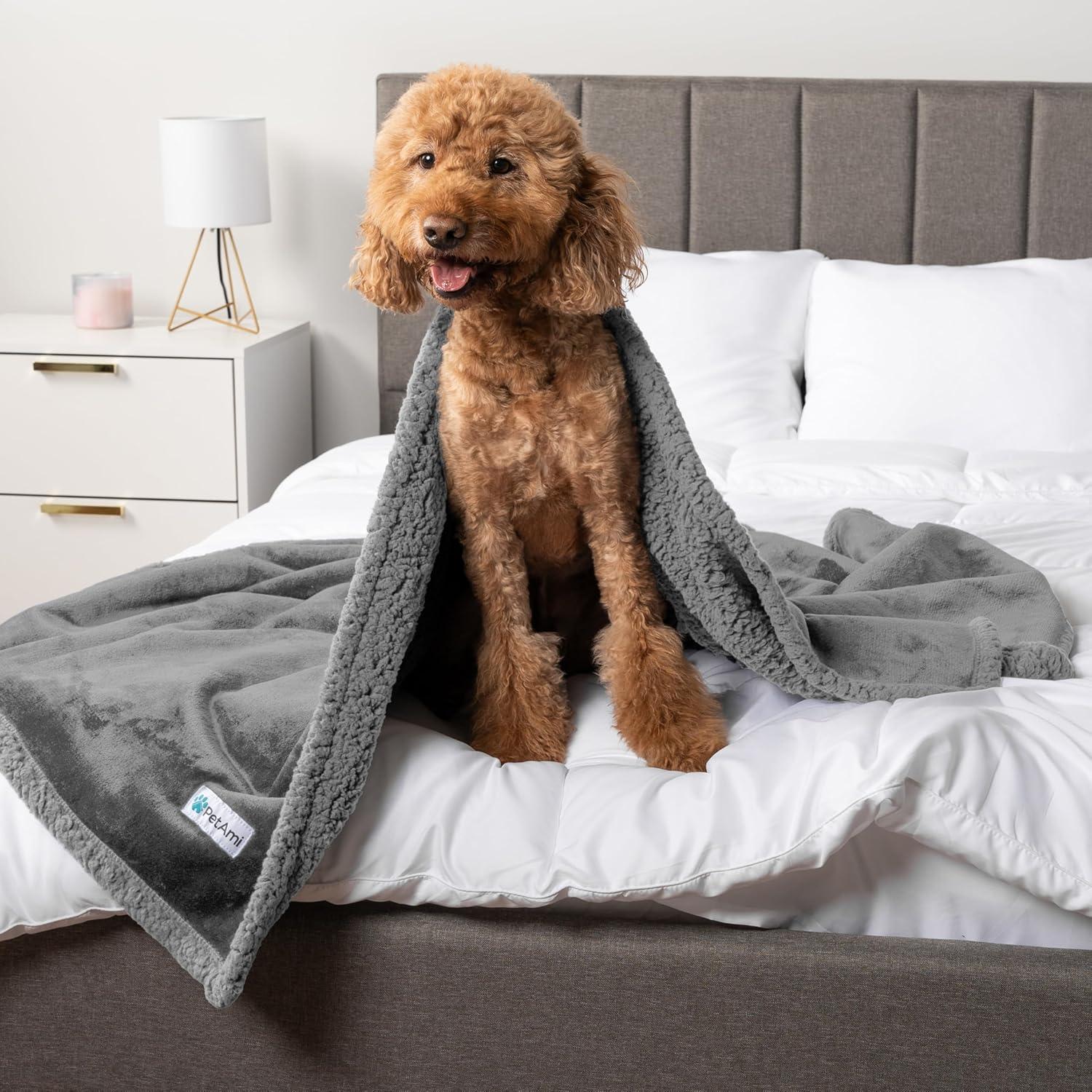 PetAmi Waterproof Dog Blanket for Bed Couch Sofa Cover, Reversible Faux Shearling Fleece Pet Throw