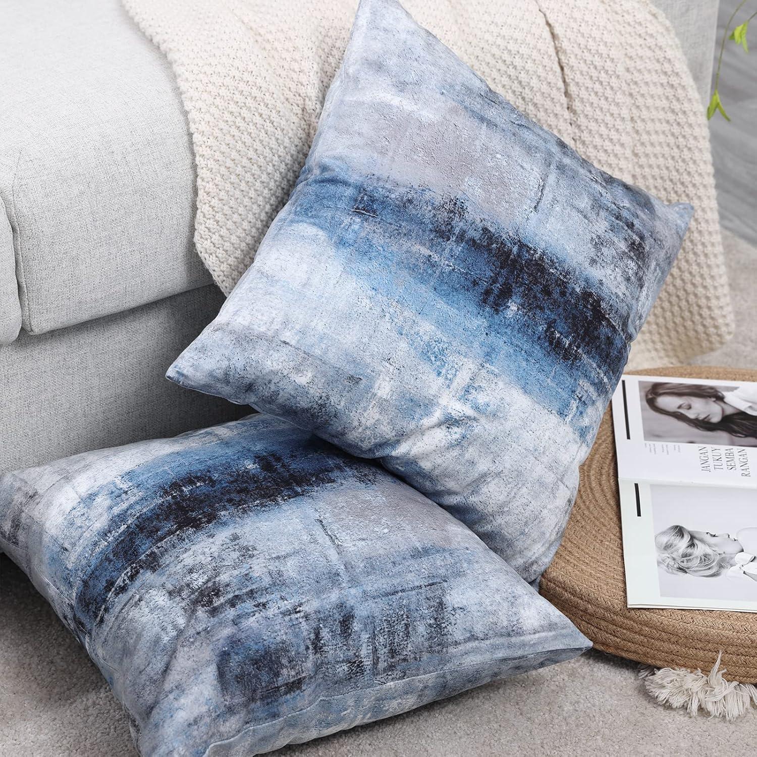 Grey and Blue Abstract Art Pillow Cover, Modern Contemporary Decorative Throw Pillows Cushion Cover for Bedroom Sofa Living Room 18X18 Inch