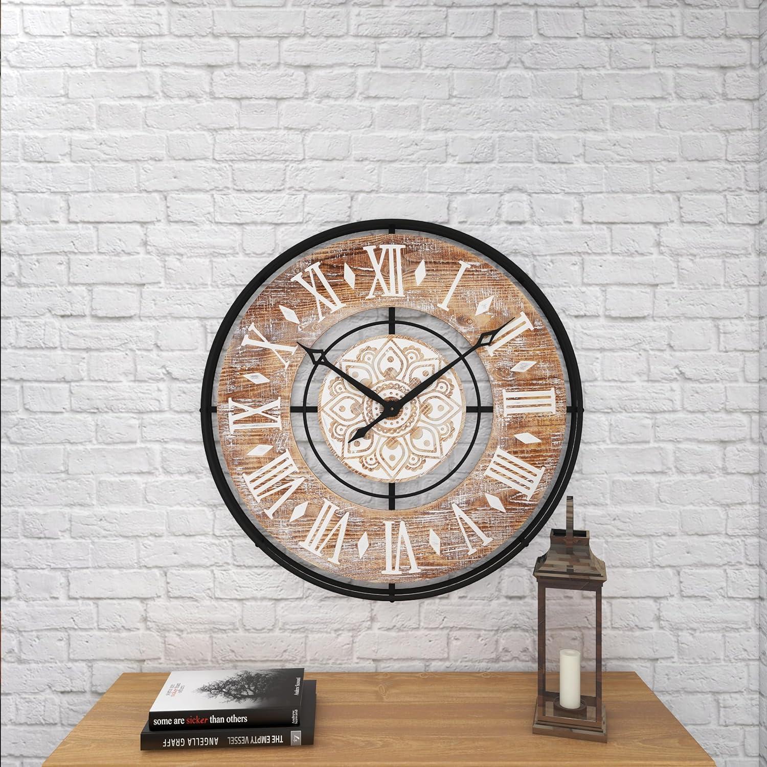 DecMode 34" Brown Metal Floral Wall Clock with Wood Accents