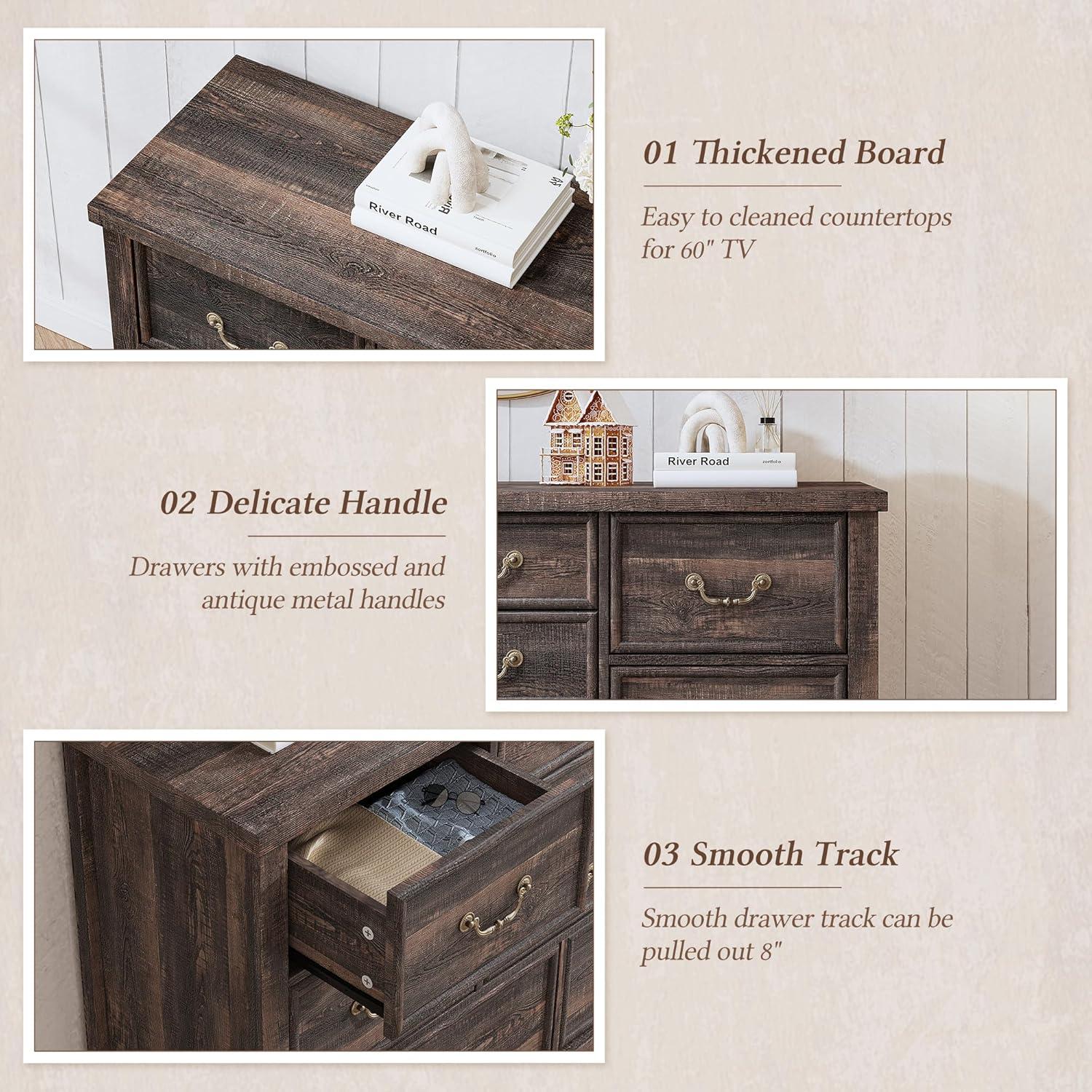 Dark Rustic Oak 9-Drawer Antique Wood Dresser with Metal Handles