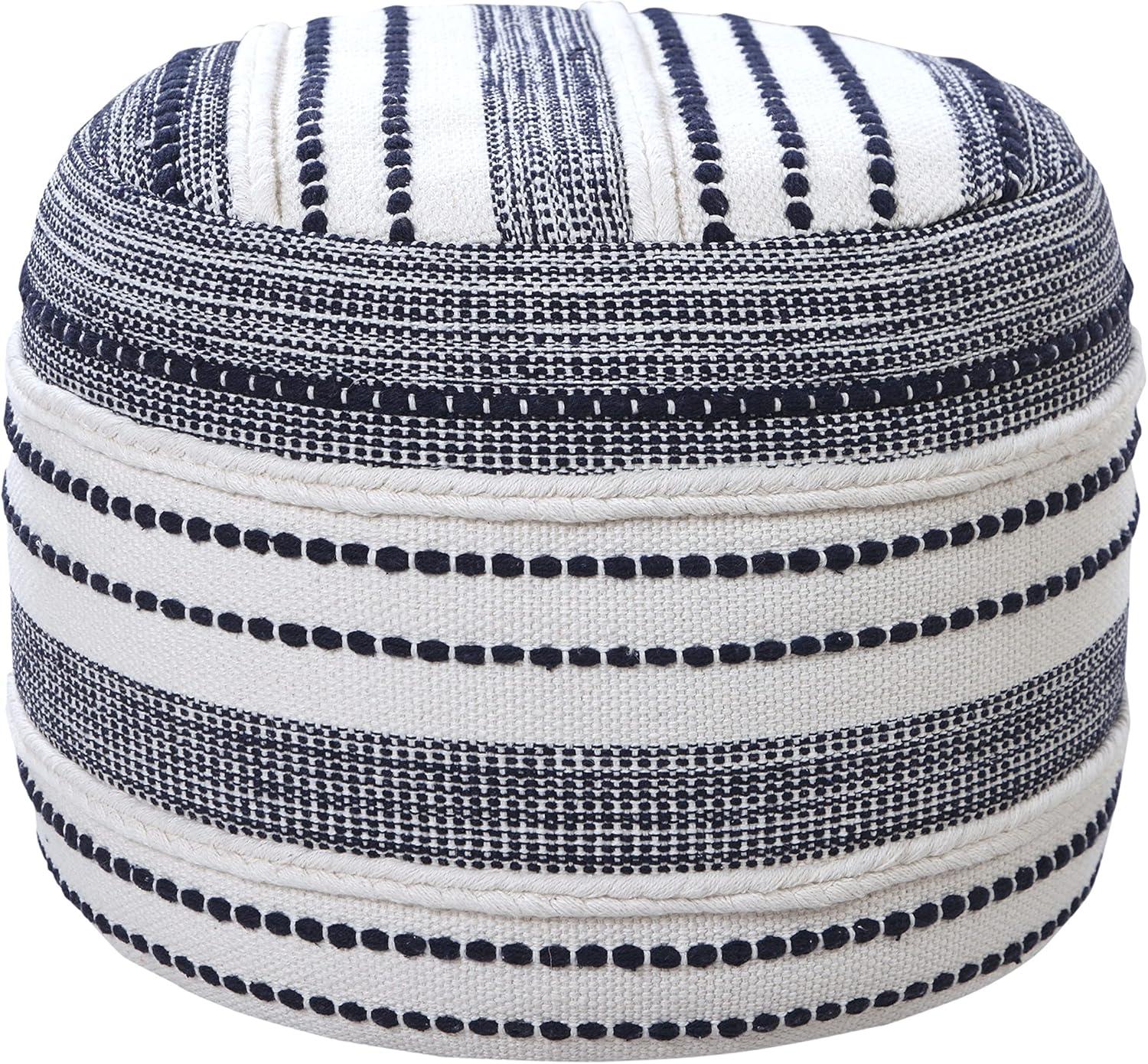 LR Home Small Braided Striped Indoor Round Pouf, Navy/Ivory, 18" x 18" x 14"