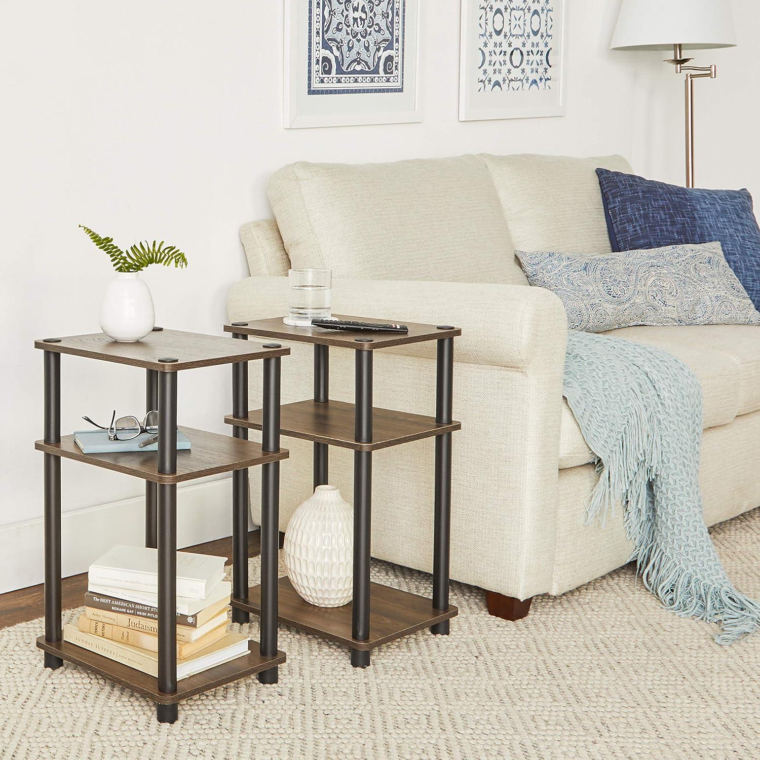 Furinno Just 3-Tier Turn-N-Tube End Table, 2-Pack, Columbia Walnut/Black