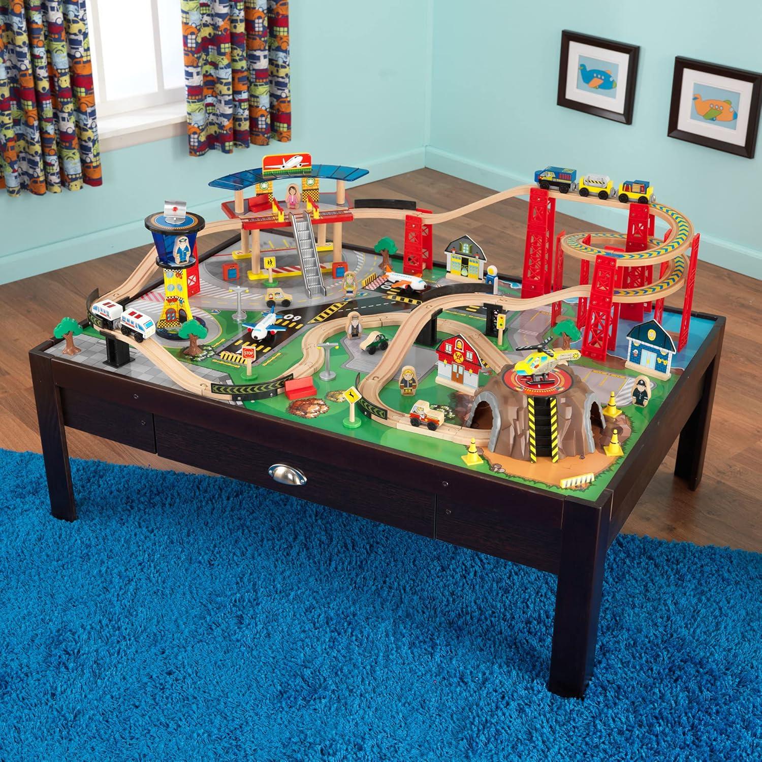 KidKraft Espresso Wooden Train Set & Table with Storage Drawer