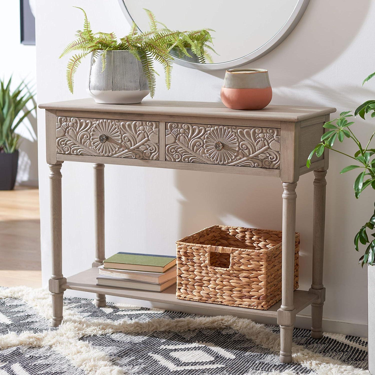 Josie Elegantly Carved Greige Wood & Metal 40'' Console Table with Storage