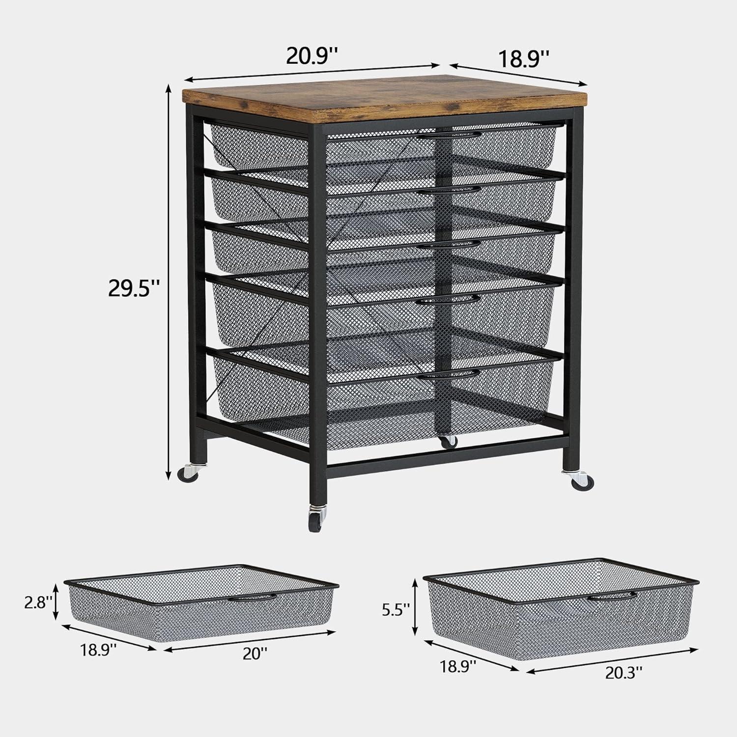 Rolling File Storage Cabinet,5 Drawers Cart Organizer with Lockable Wheels,Mobile Office Printer Stand,Home Office Utility Cart,Rustic Brown & Black Mesh