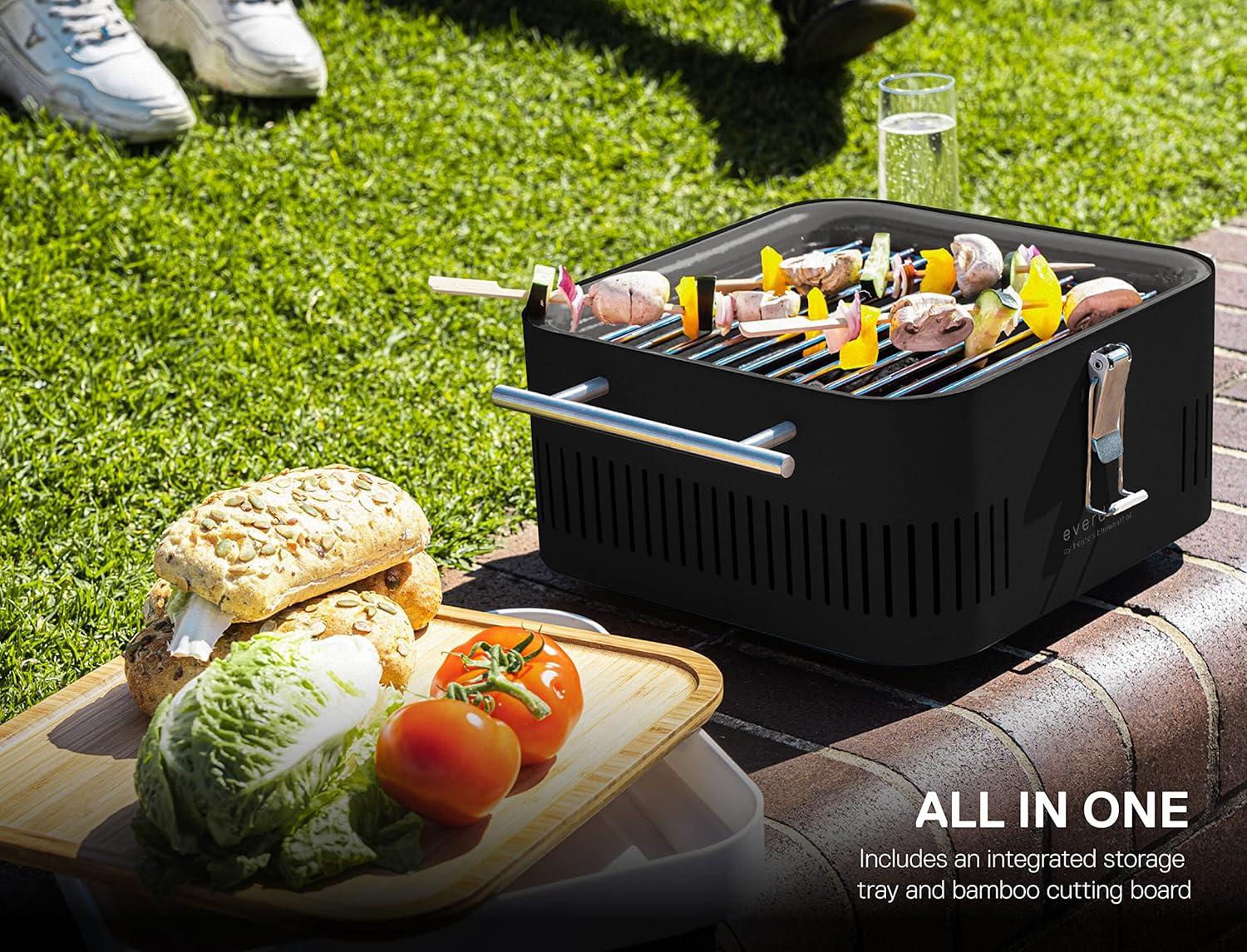 Everdure Cube Charcoal Grill with Cool Touch Handles, Storage Container & Bamboo Serving Board