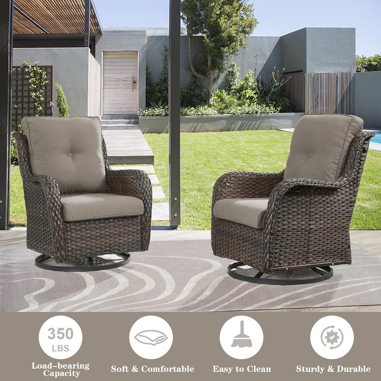 Mixed Grey Wicker Swivel Rocker Chairs with Blue Cushions