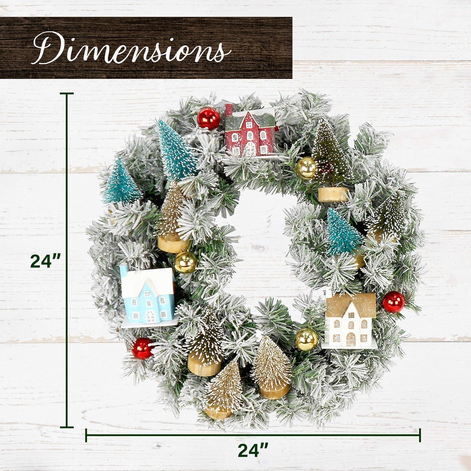 Fraser Hill Farm 24-in. Christmas Snowy Wreath Door Hanging with Ornaments, Wood Houses, Green