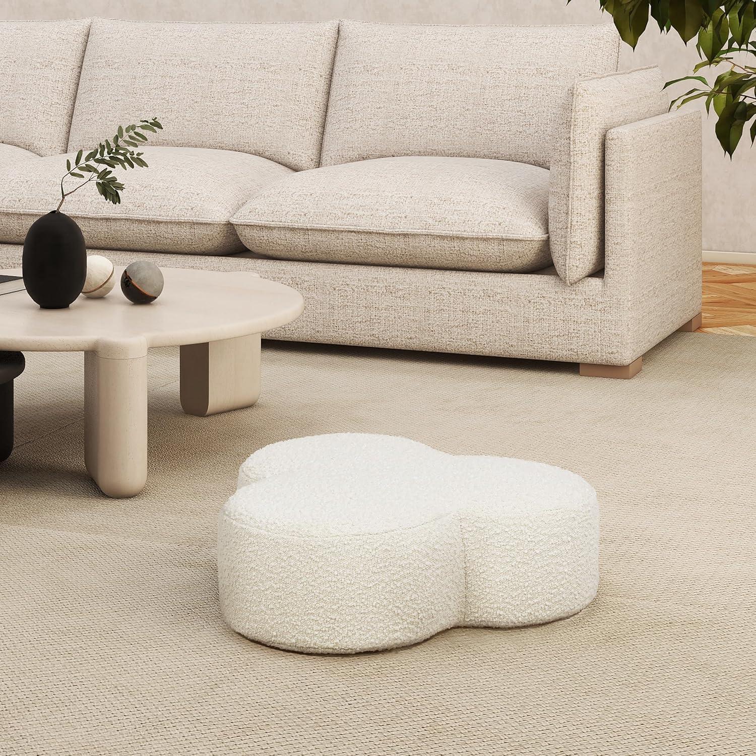 Ivory White Boucle Clover Shaped Accent Ottoman