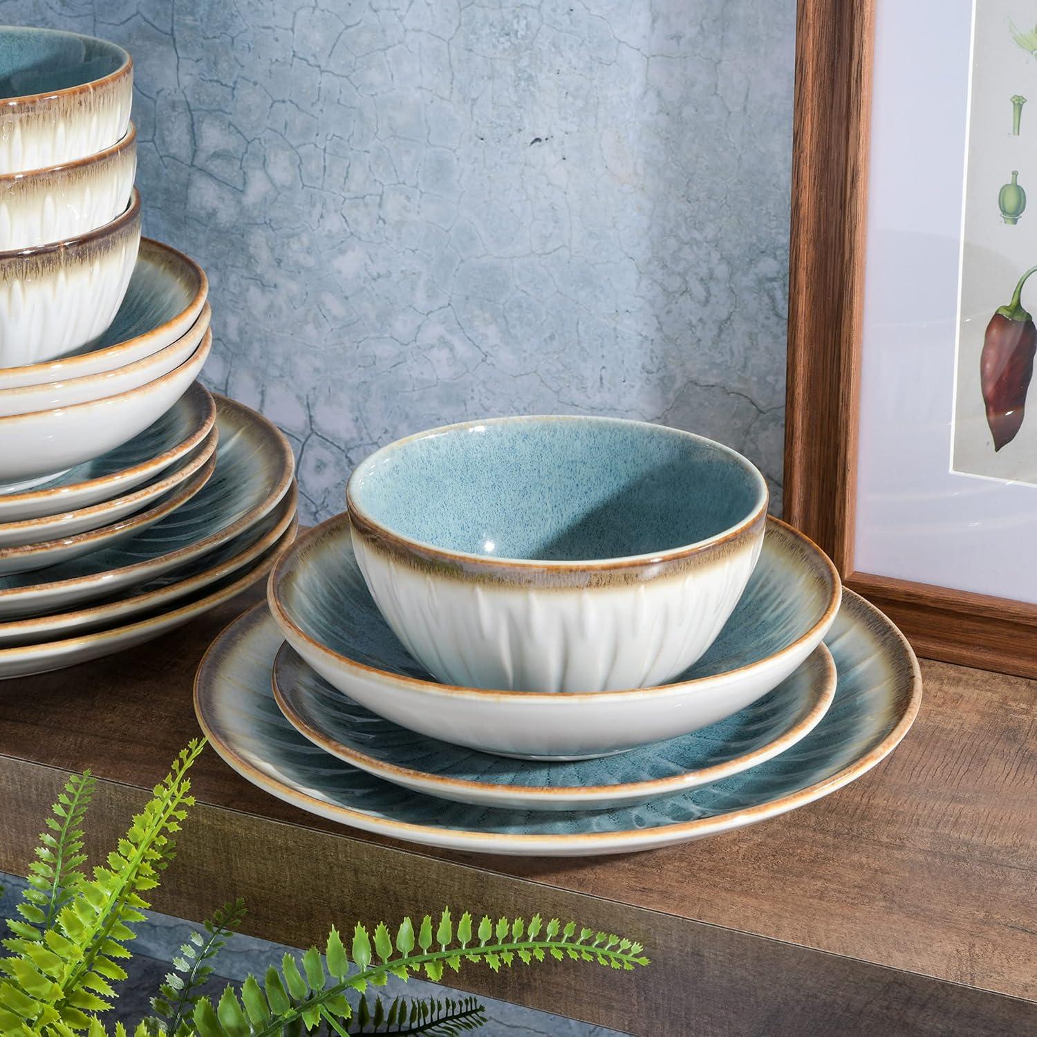 Light Blue Ceramic 16-Piece Embossed Dinnerware Set