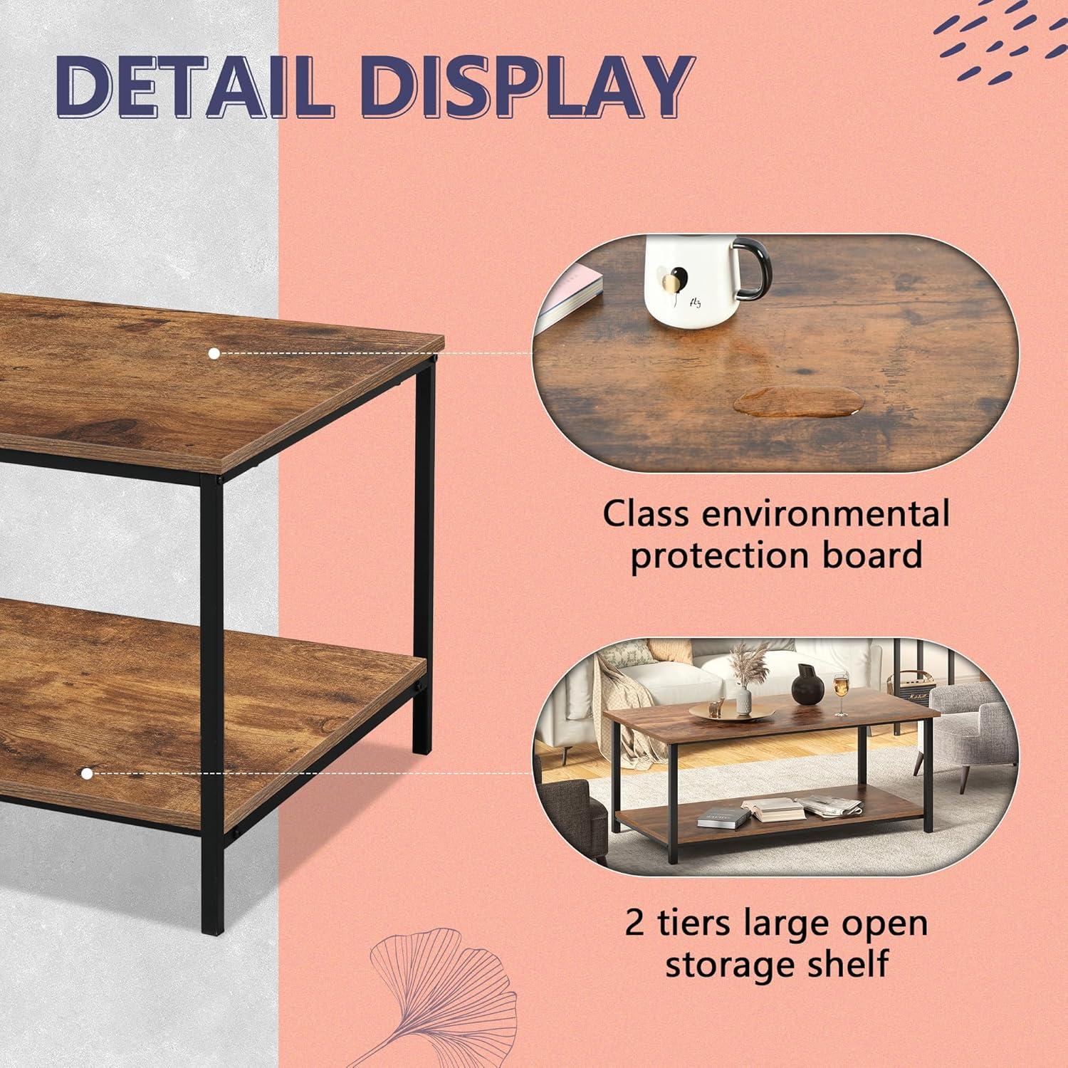 SENIG 2-Tier Coffee Table with Storage Shelf for Living Spaces, Brown Rectangle Wood and Sturdy Metal Side End Table, Functional Center Table for Living Room, 39.3 x 20 x 16