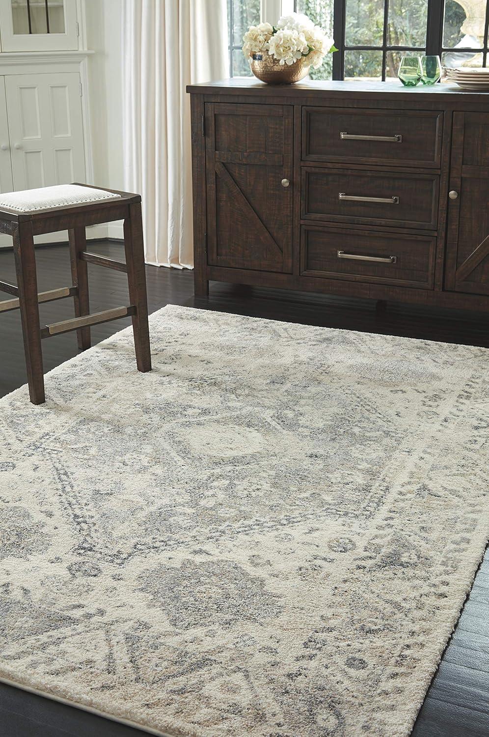 Large Gray and Cream Medallion Synthetic Rug