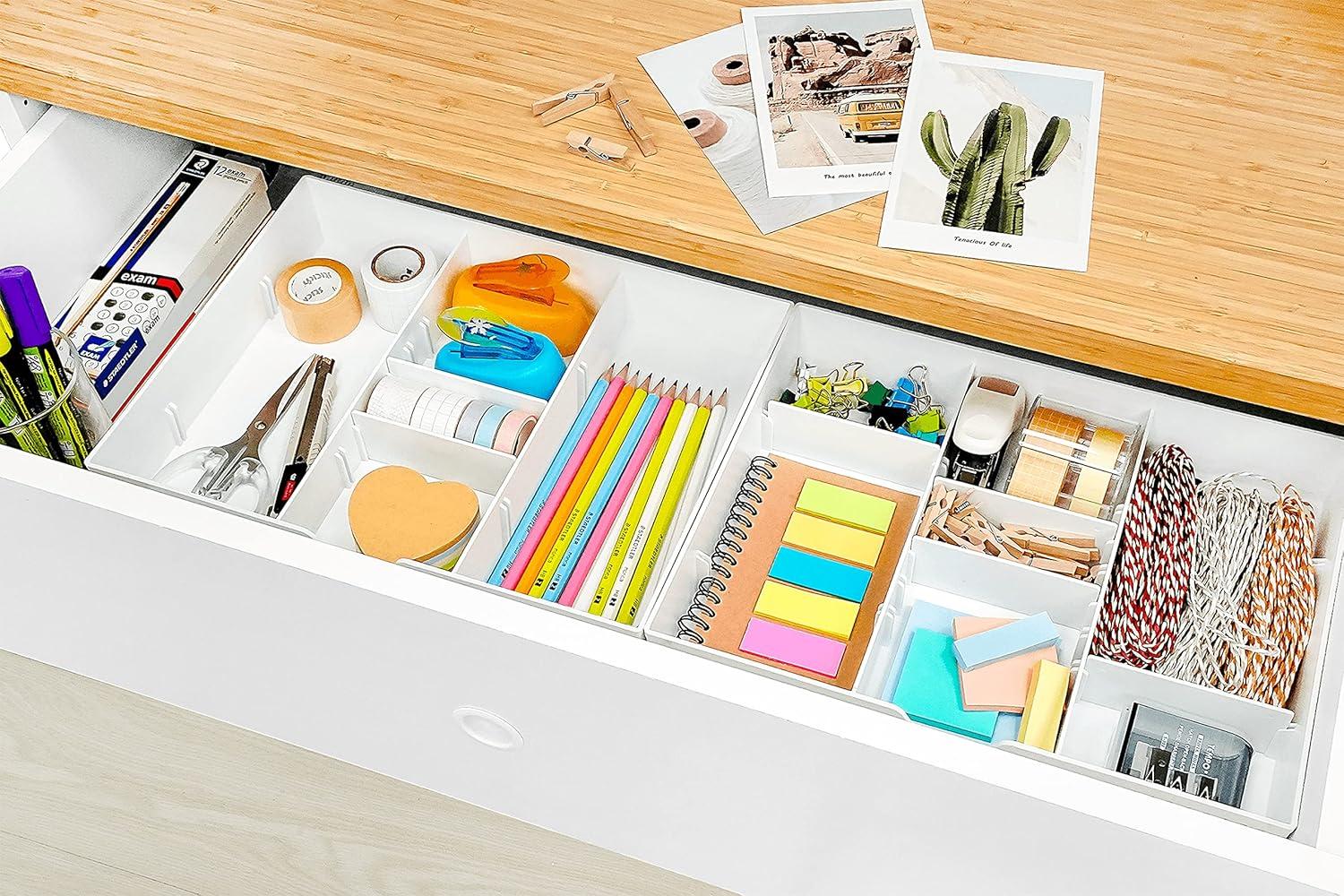 White Adjustable 5-Compartment Drawer Organizer for Office Supplies