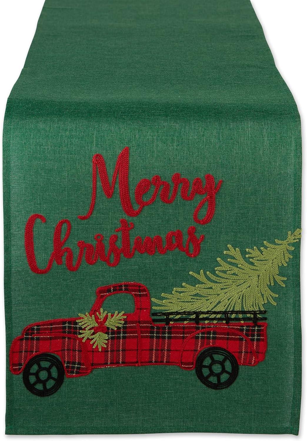 Green and Red Embroidered Christmas Truck Table Runner, 14x108