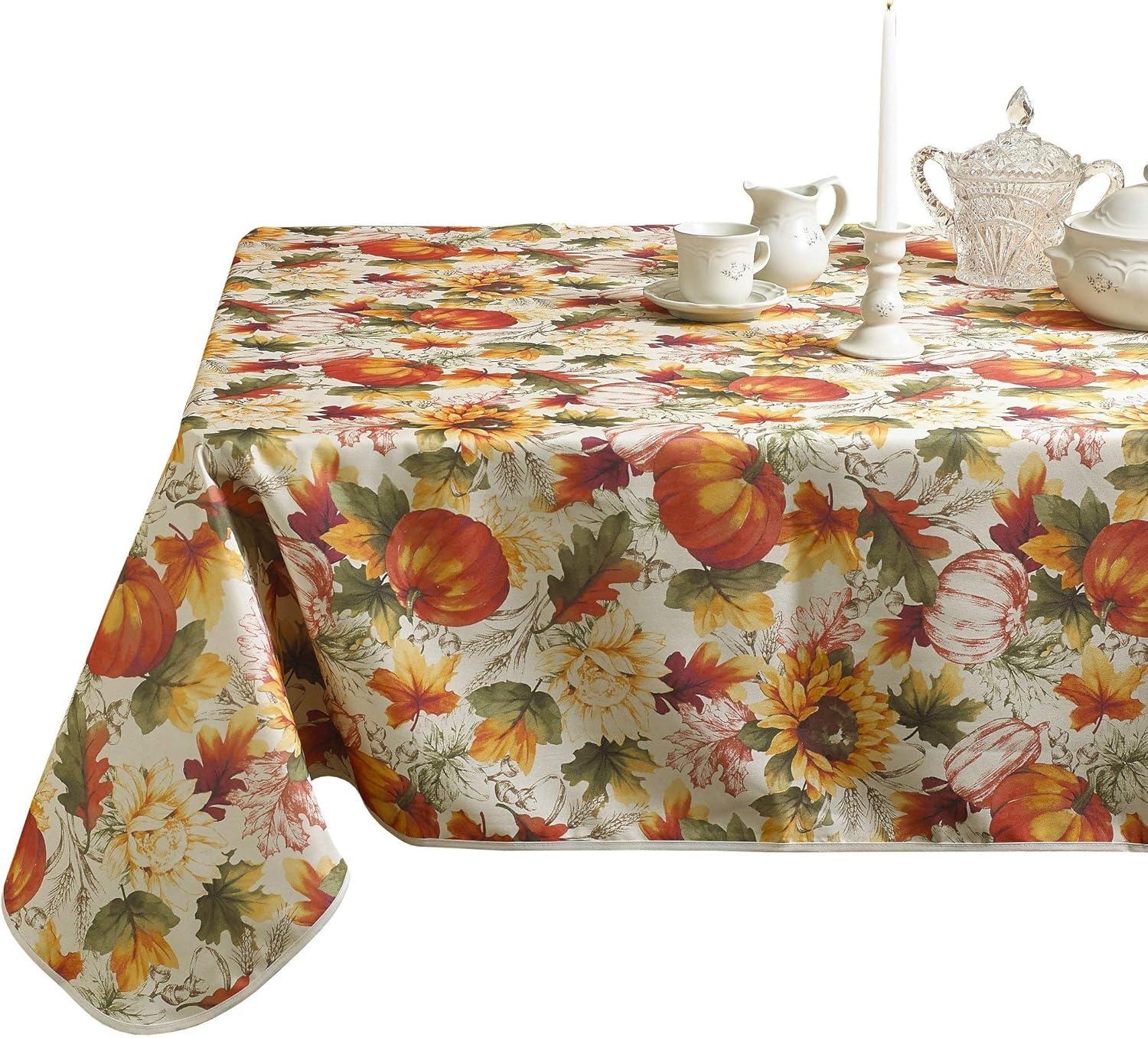 European Fall Harvest Pumpkins and Autumn Leaves Printed Tablecloth - 60" x 84"