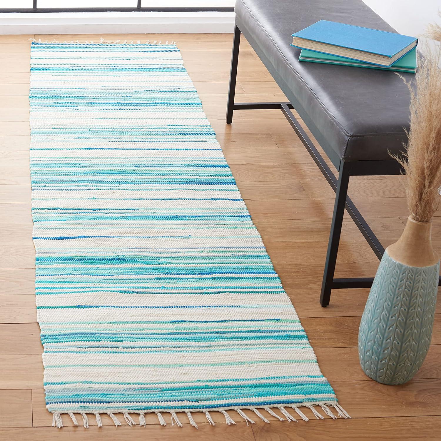 Rag Rug RAR126 Hand Woven Indoor Runner Rug - 2'3"x9' - Ivory/Green - Safavieh