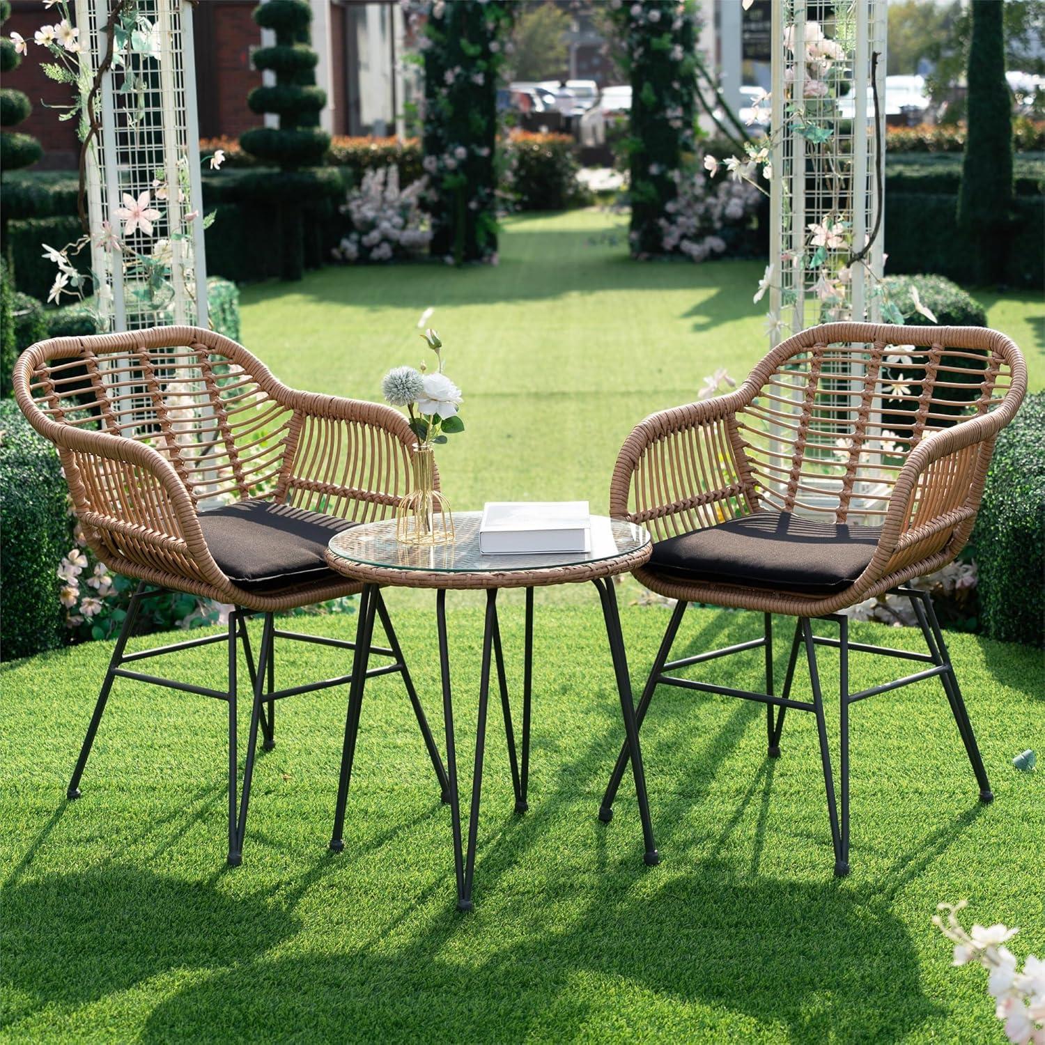 3 Piece Outdoor Wicker Furniture Patio Bistro Set, Balcony Furniture Rattan Conversation Sets, Outdoor Patio Chairs Set for Porch Poolside Garden, Black