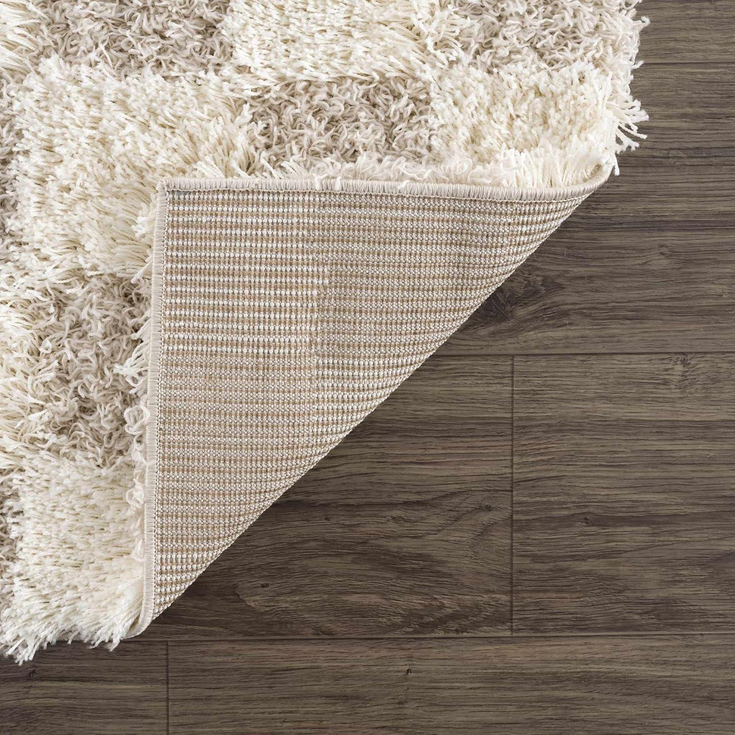 Hauteloom Atira Checkered Shag Area Rug - Checkboard Design - High Pile Fluffy Shaggy Touch - Square Tiles - Kids Room, Nursery, Living Room Shaggy Carpet - Beige, Cream, White - 6'7" x 9'6"