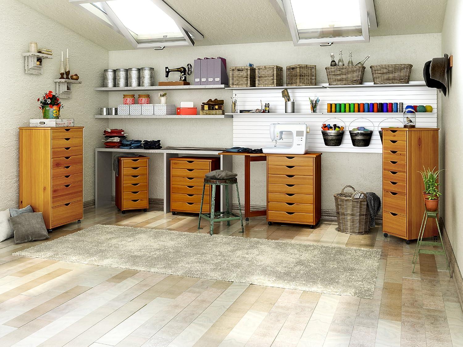 Adeptus Original Roll Cart, Solid Wood, 6+2 Drawer Narrow Roll Cart, Med Pine