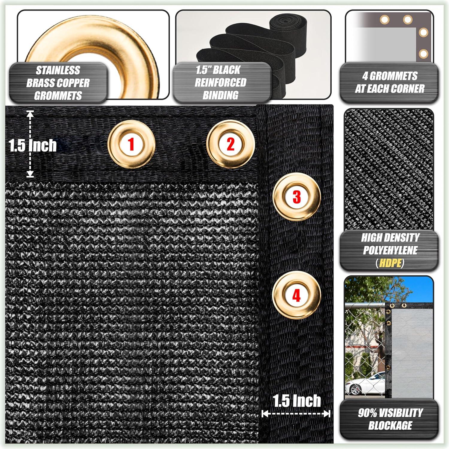 ColourTree 8' x 50' Black Fence Privacy Screen Windscreen Cover Shade Fabric Cloth, 90% Visibility Blockage, with Grommets, Heavy Duty Commercial Grade, Zip Ties Included - (We Make Custom Size)