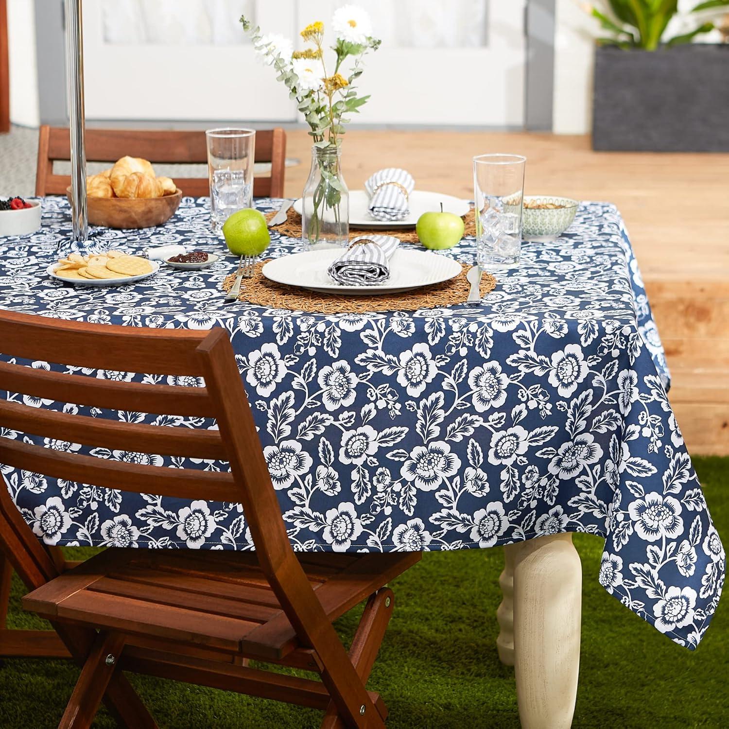 Design Imports Nautical Blue Floral Print Outdoor Tablecloth With Zipper 60X120