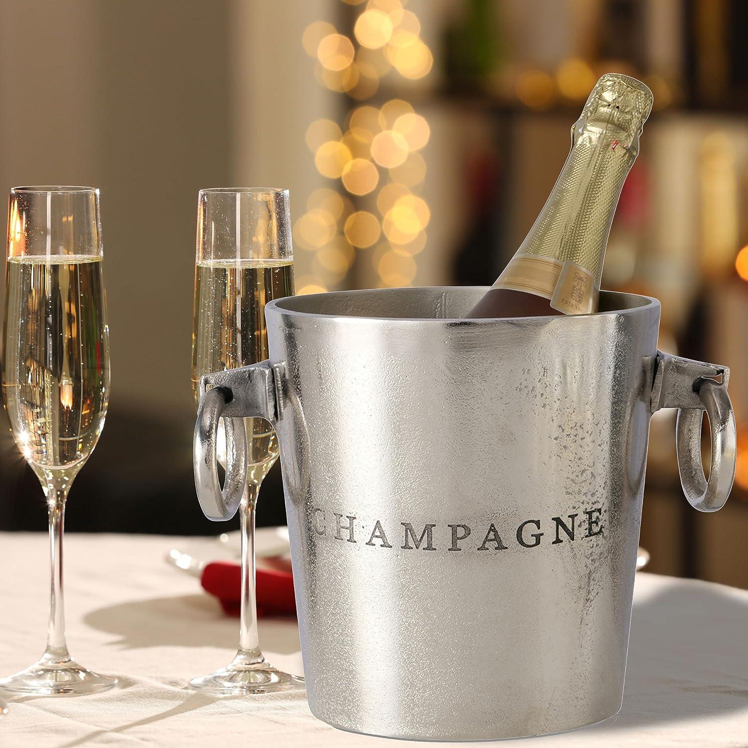 Luxury Champagne Ice Bucket, Elegant Script Text Details, Hand Cast, Silver Aluminum, 18.5 inches