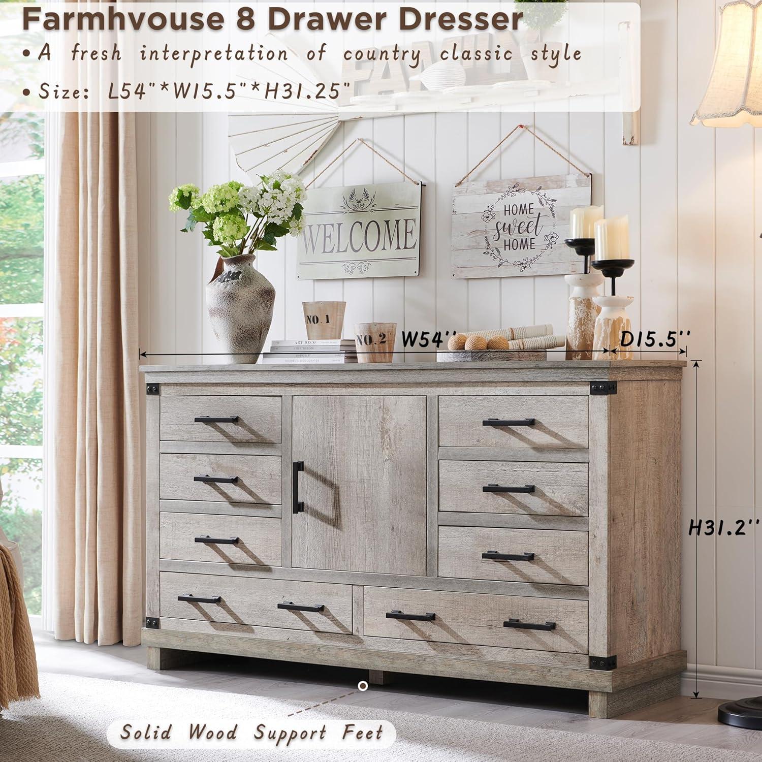 Farmhouse 8 Drawer Dresser for Bedroom with Adjustable Shelf, Wood Long Chest of Drawers with Thick Plank Styling, Rustic Large Closet Dresser for Bedroom, Living Room, Light Rustic Oak Color