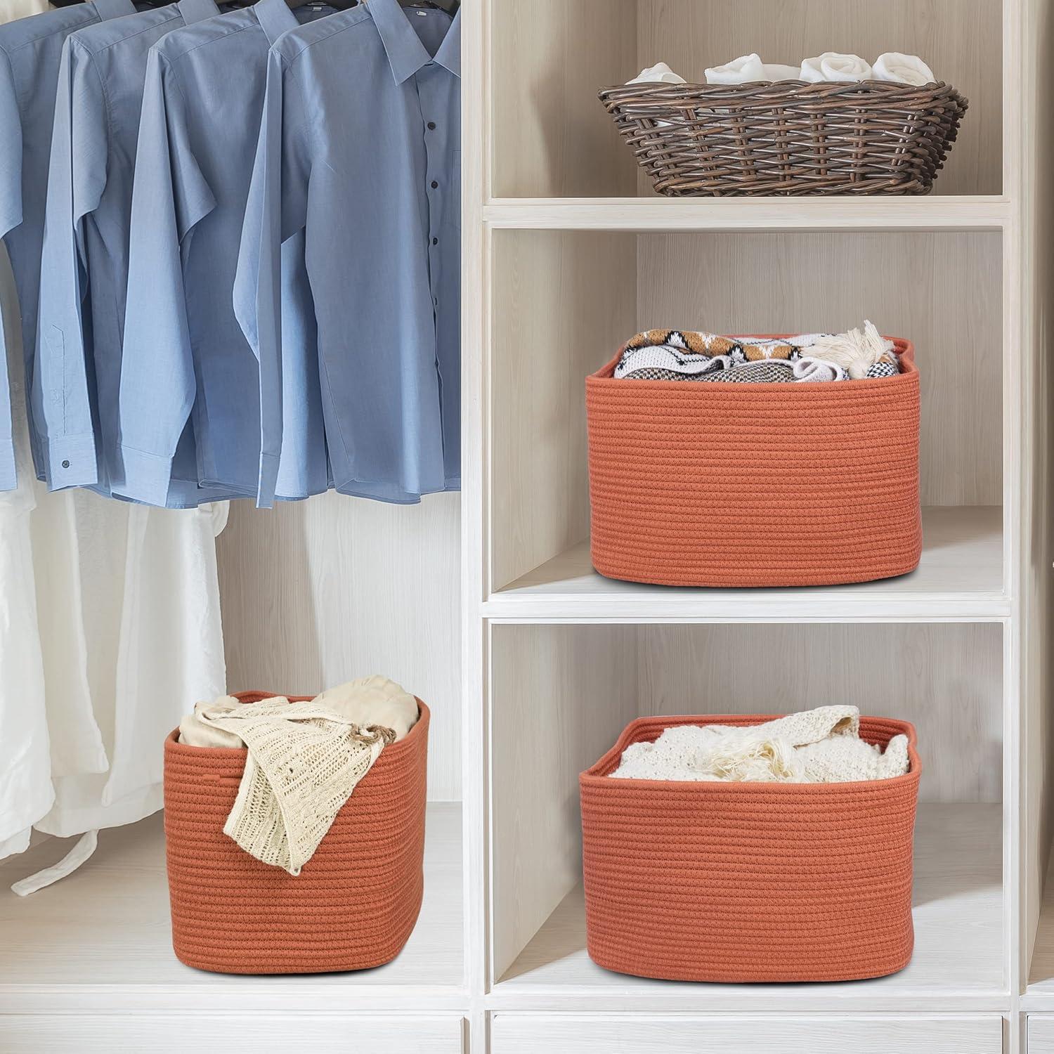 Rust Rectangular Wicker Storage Baskets with Handles, Set of 3