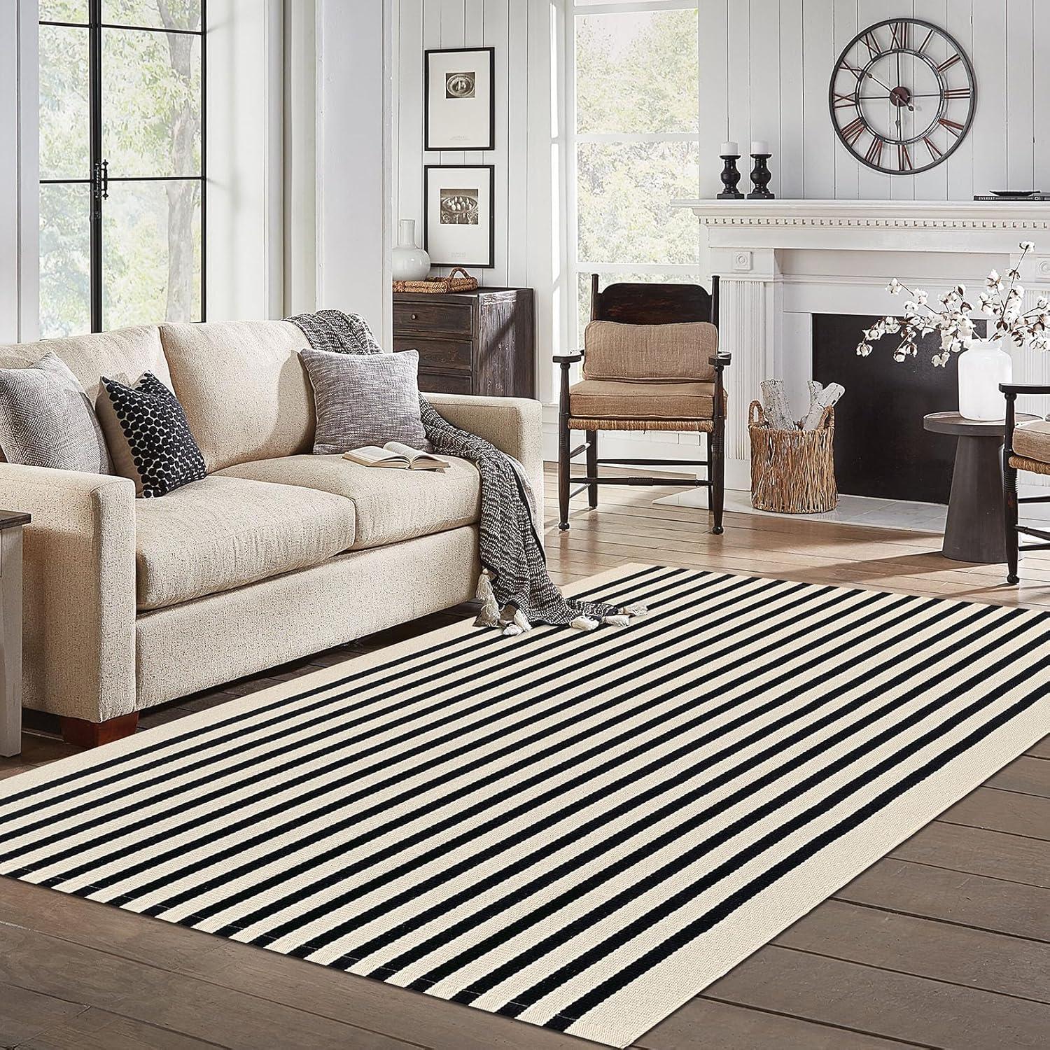 IOHOUZE Navy and White Striped Rug 2'x3' Front Door Rugs, Small Washable Area Rug for Front Porch, Spring Summer Doormats Outdoor Indoor, Cotton Rugs for Entryway Porch Entrance