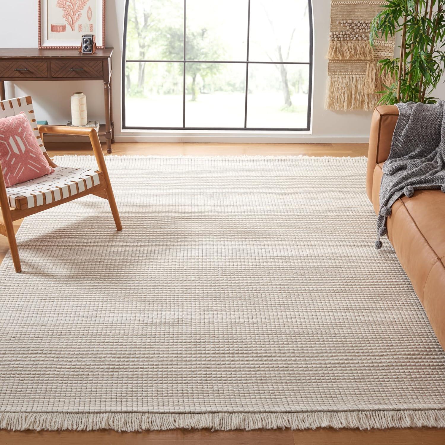 Ivory Beige Flat Woven Wool Rectangular Rug 8' x 10'