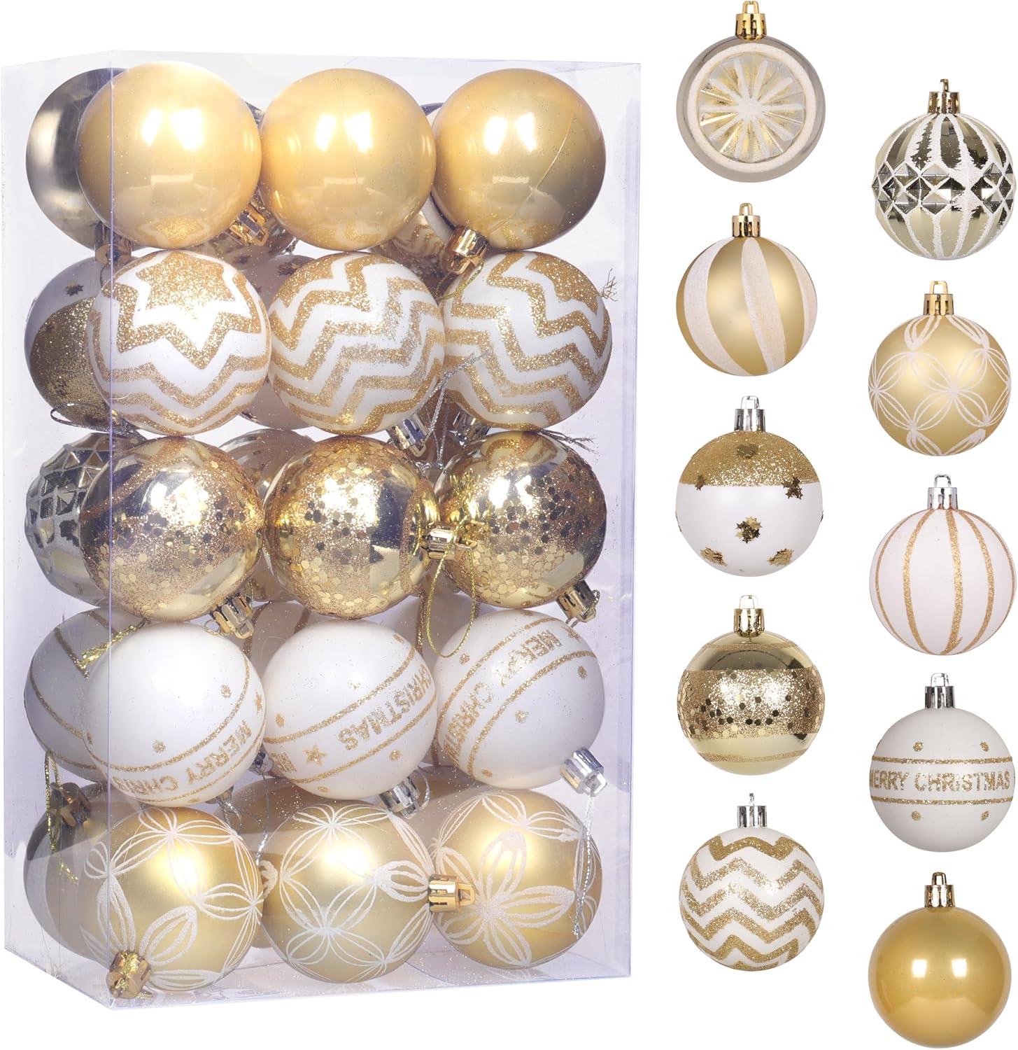 YX 30PC Christmas Tree Decorations, Christmas Balls Ornaments, Festive Wedding Hanging Ornaments Christmas Tree Decoration,Gold&White Painted Shatterproof