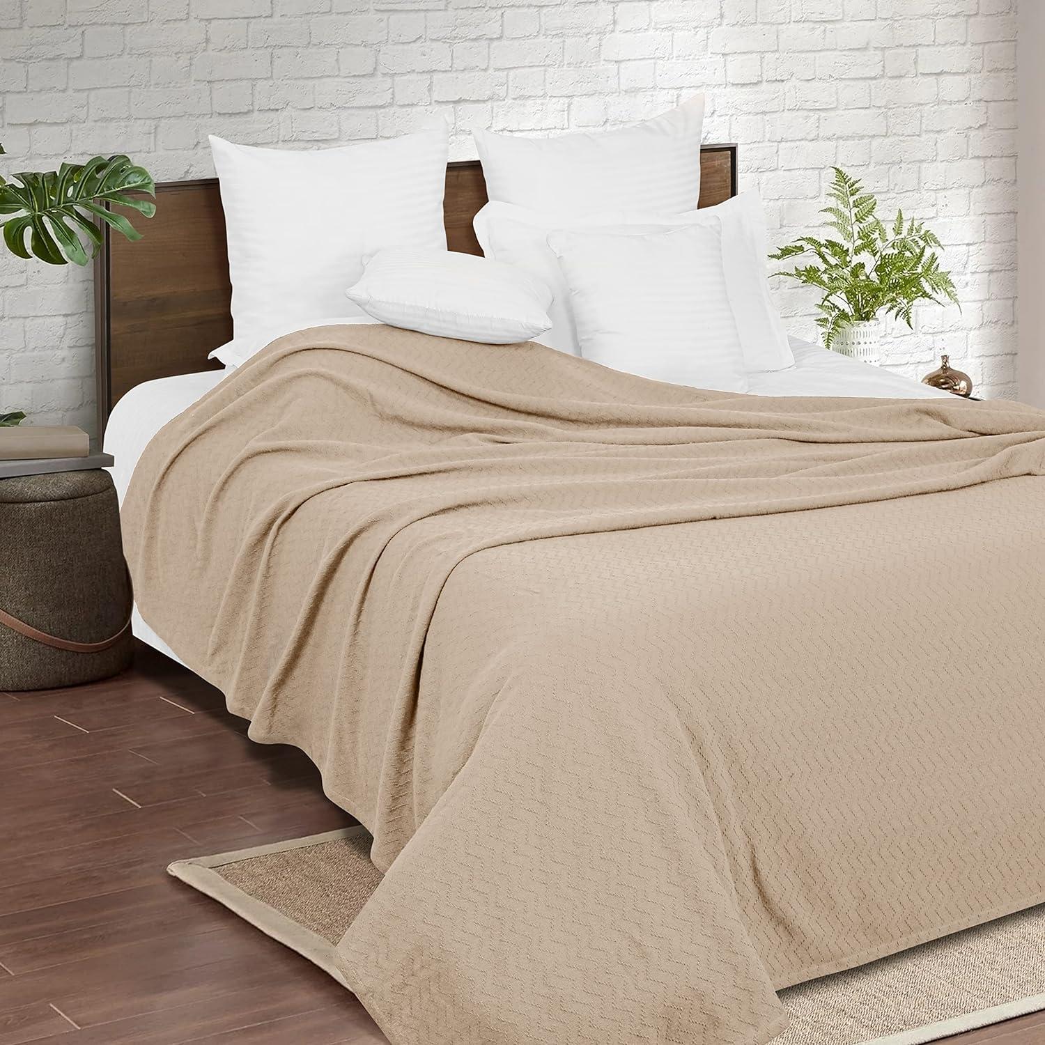 BELIZZI Home 100% Cotton Bed Blanket, Breathable Thermal Blanket Twin Size, Soft Chevron Thermal Blanket 60"x90", Cotton Bed Blanket, Perfect for Layering Any Bed for All Season, Beige