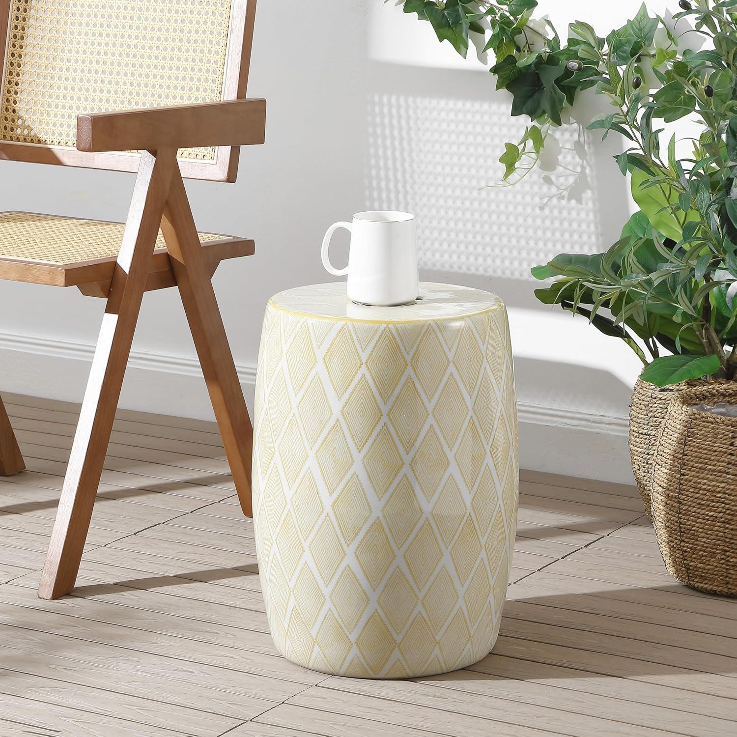 Moroccan Diamonds 18" Ceramic Drum Garden Stool, Yellow - JONATHAN Y