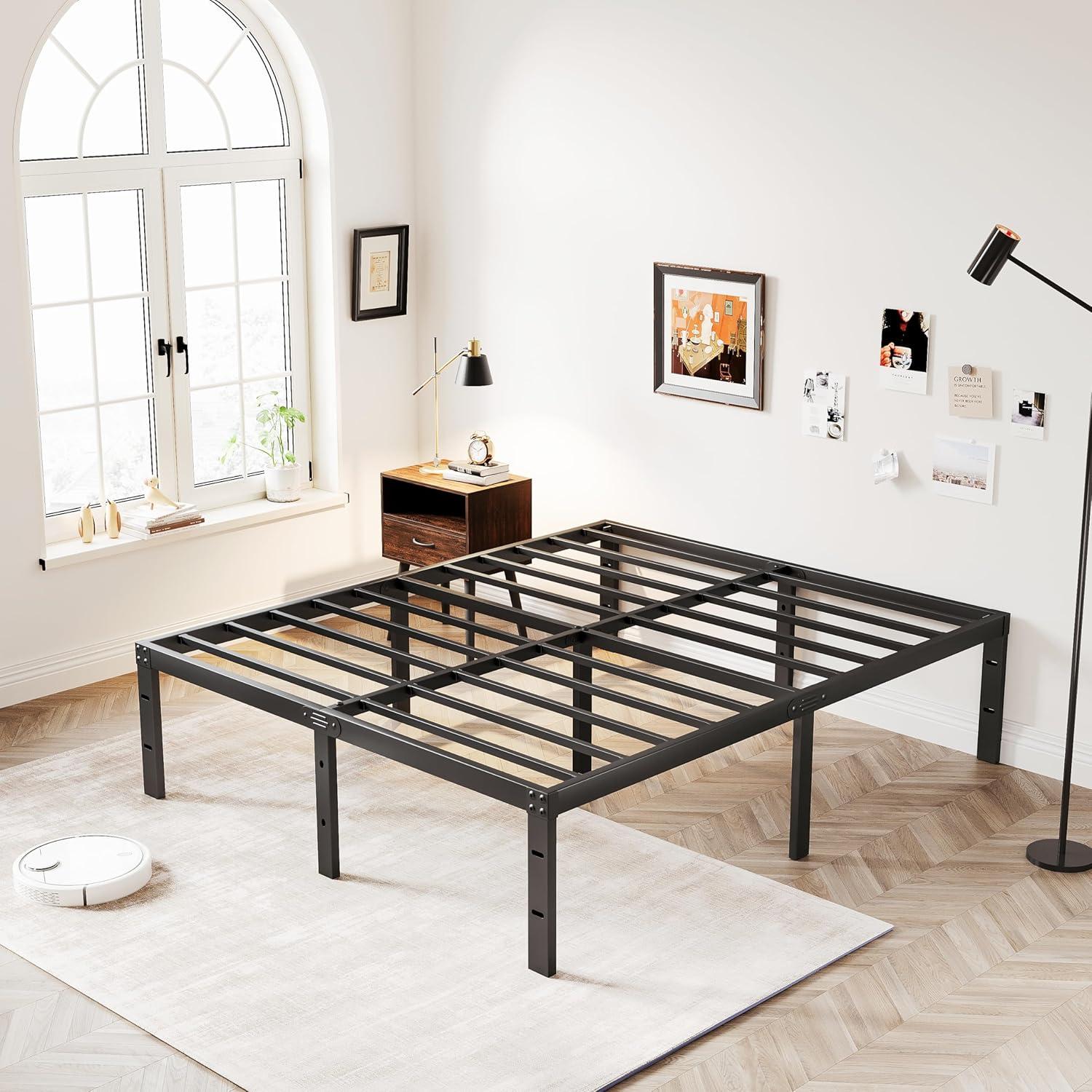 Full Size Black Steel Platform Bed Frame with Storage