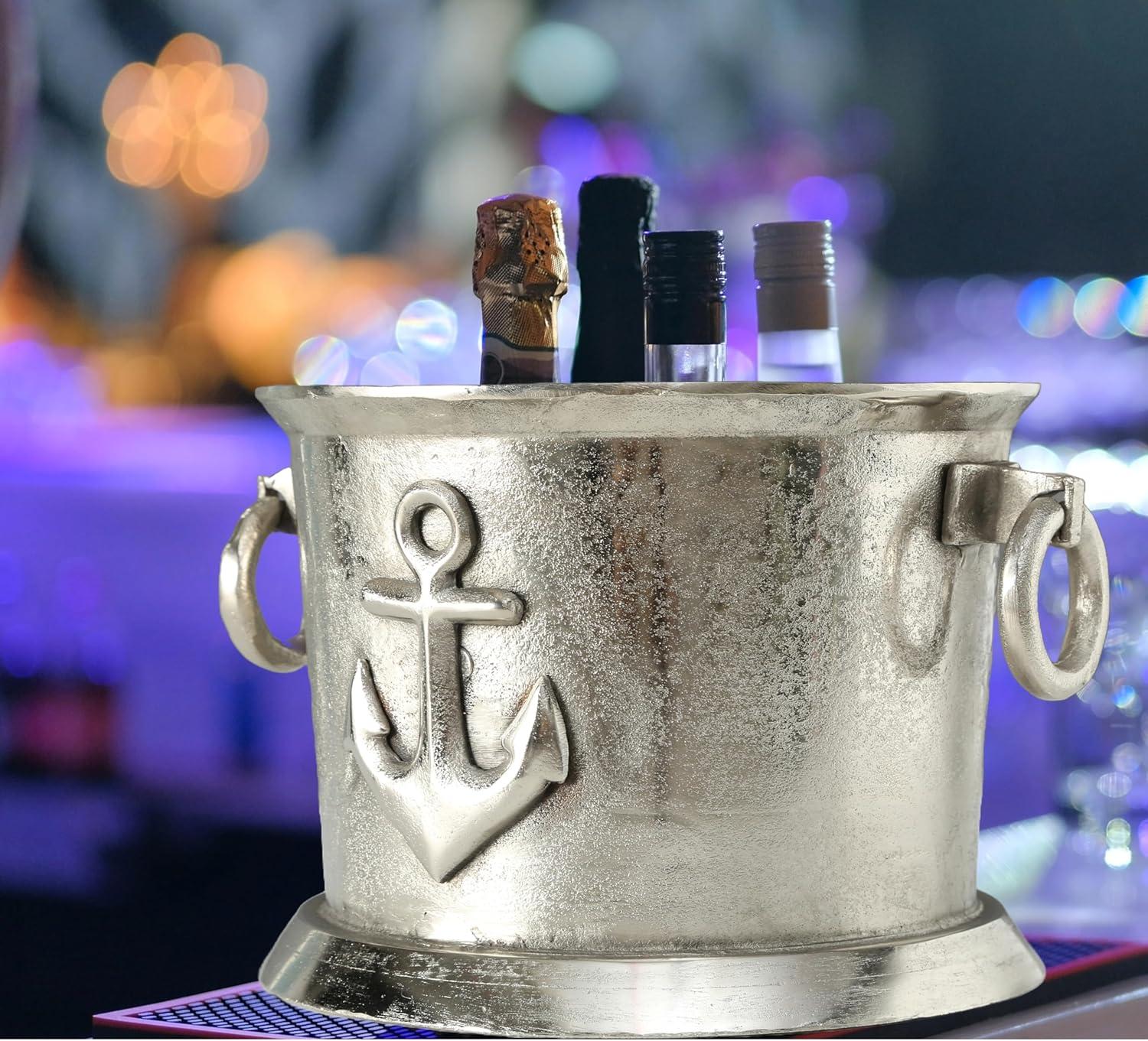Luxury Champagne Ice Bucket, Elegant Script Text Details, Hand Cast, Silver Aluminum, 18.5 inches