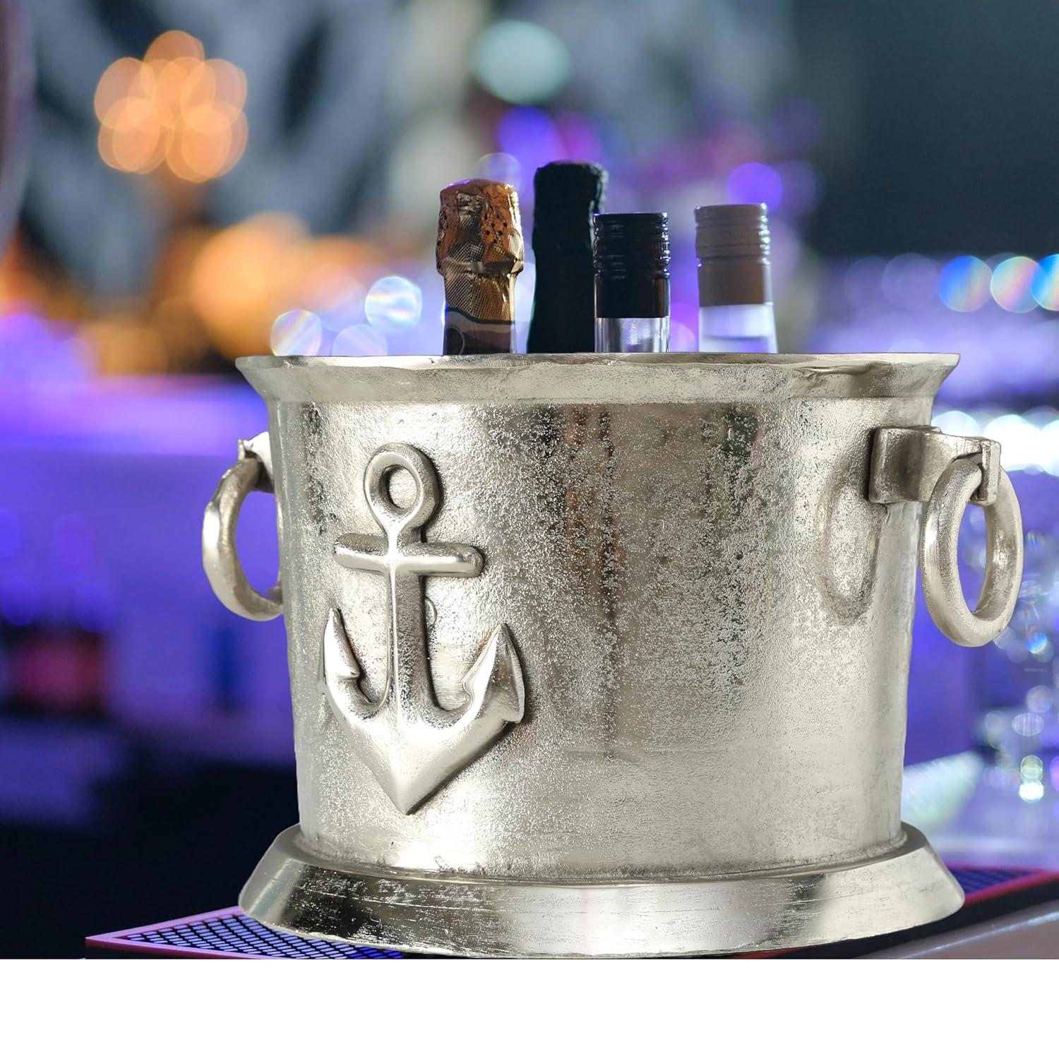 Luxury Champagne Ice Bucket, Elegant Script Text Details, Hand Cast, Silver Aluminum, 18.5 inches