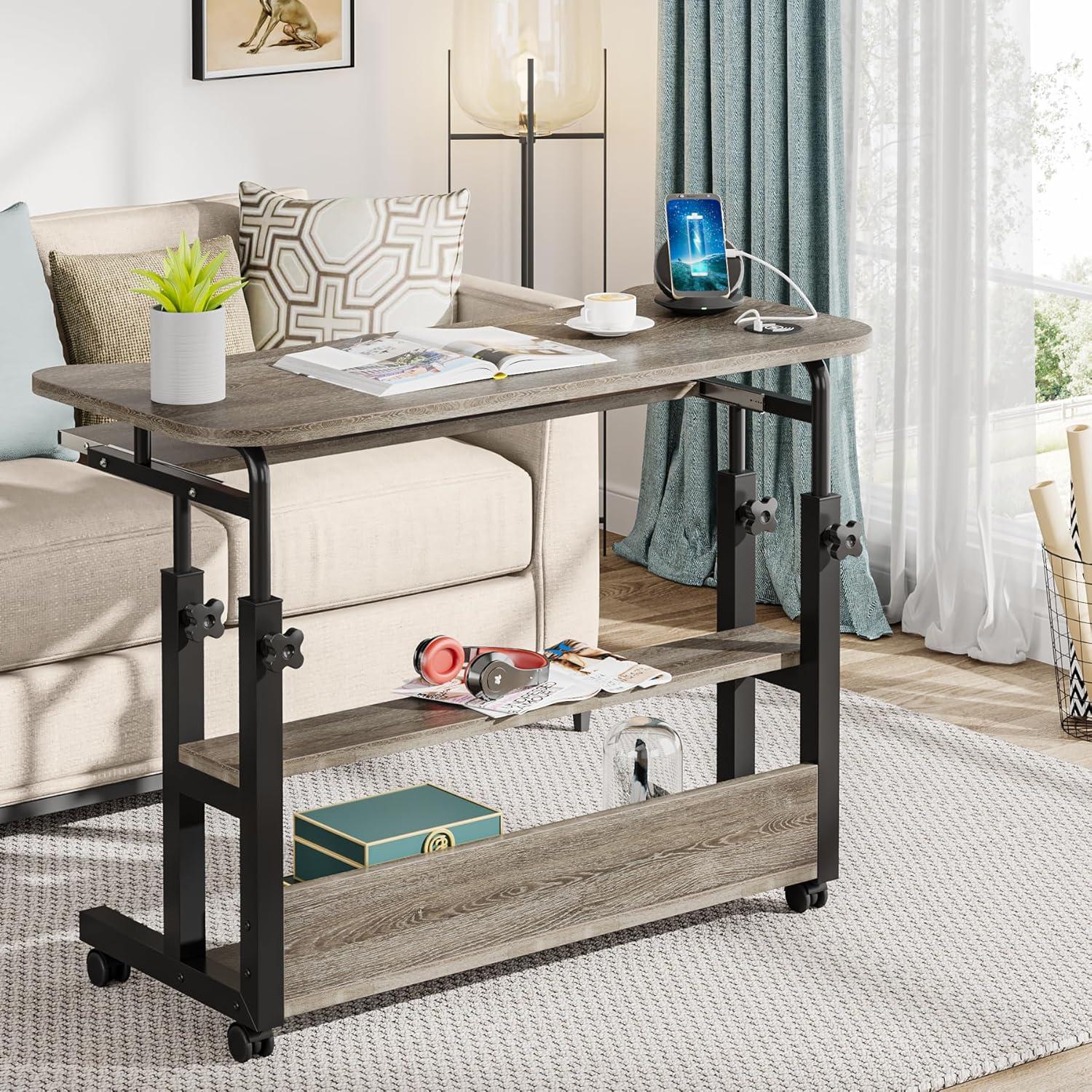 Gray Adjustable Height Laptop Cart with USB Port and Drawer