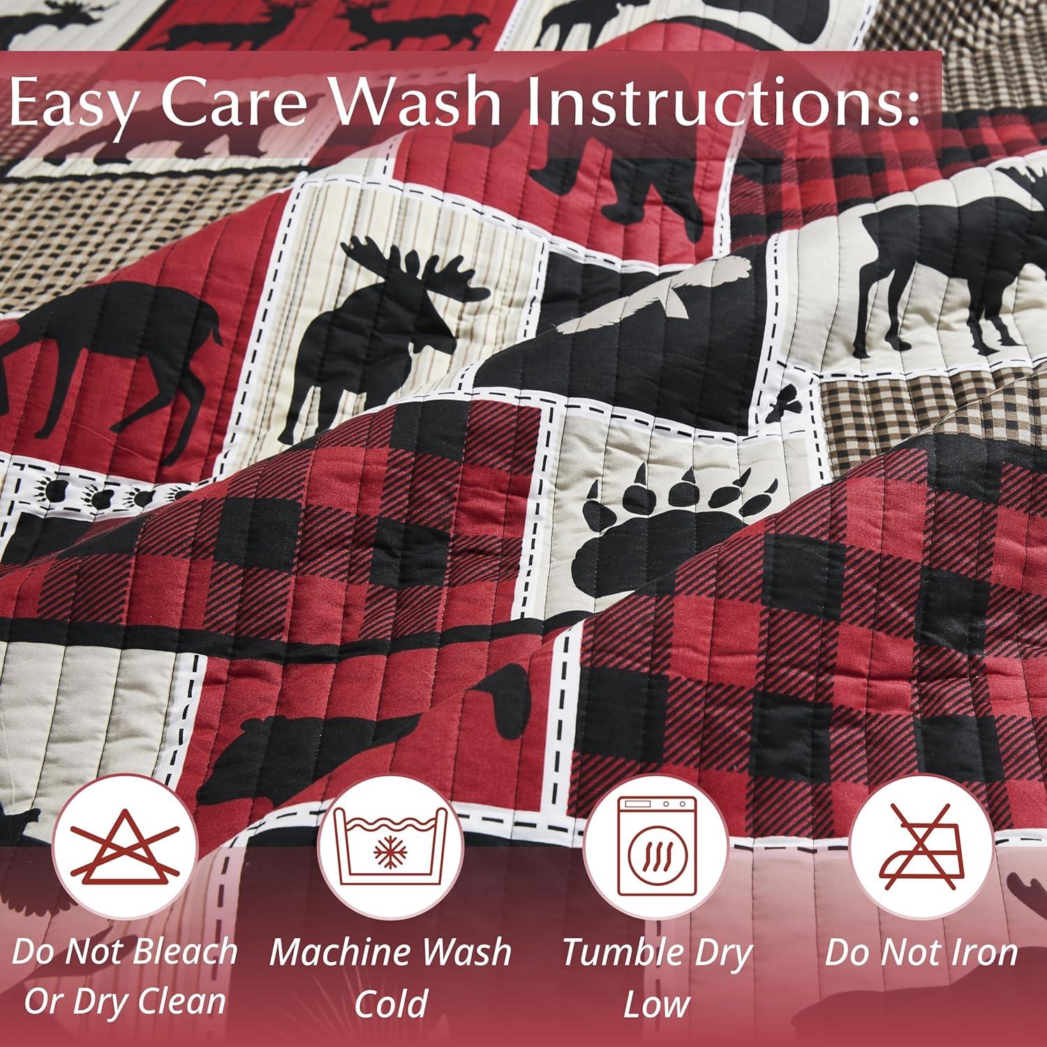 Lodge Life Moose, Deer, Bear Patchwork Rustic Quilt and Sham Set - Queen / Full Size