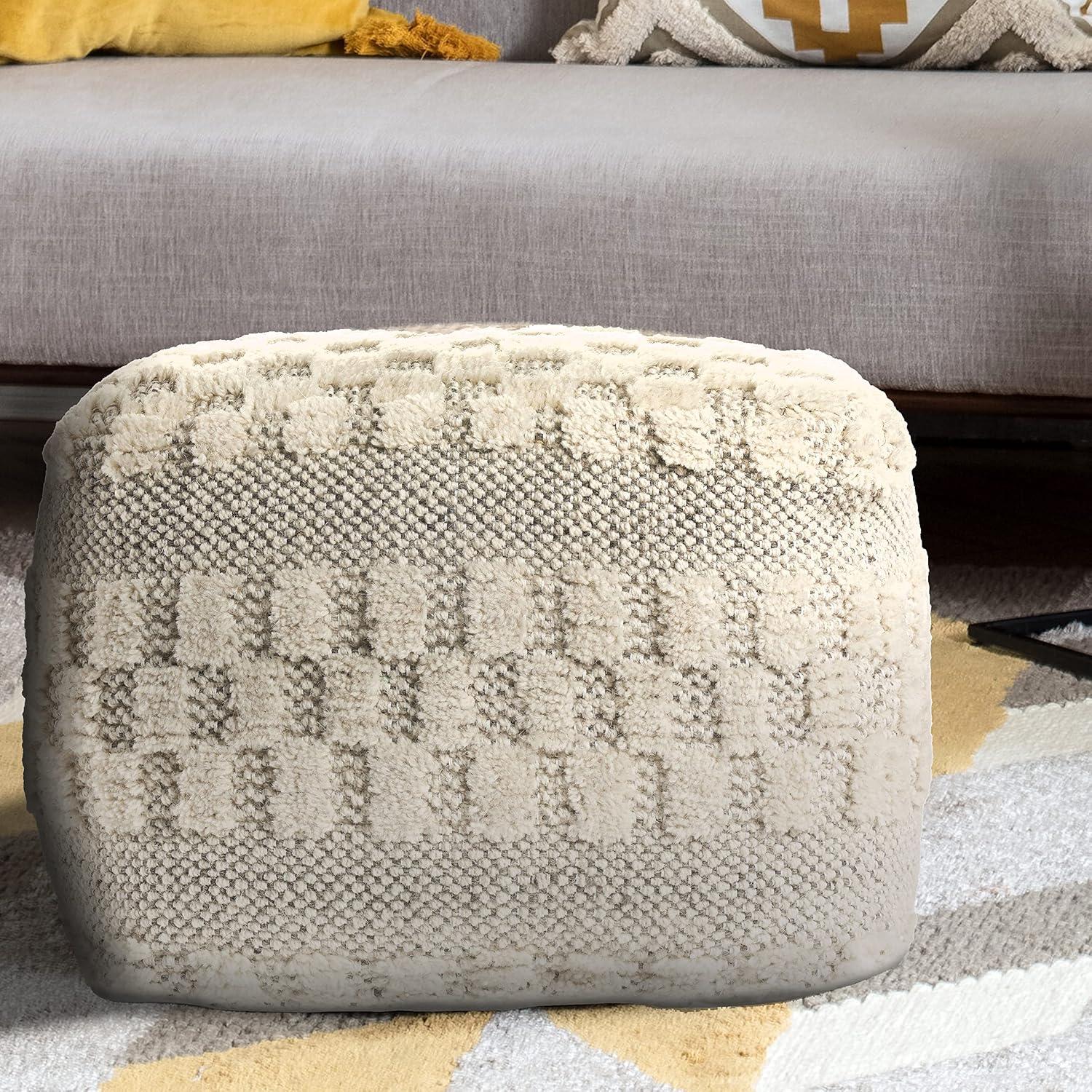 LR Home Small Over-tufted Geometric Indoor Square Pouf, Cream, 18" x 18" x 14"